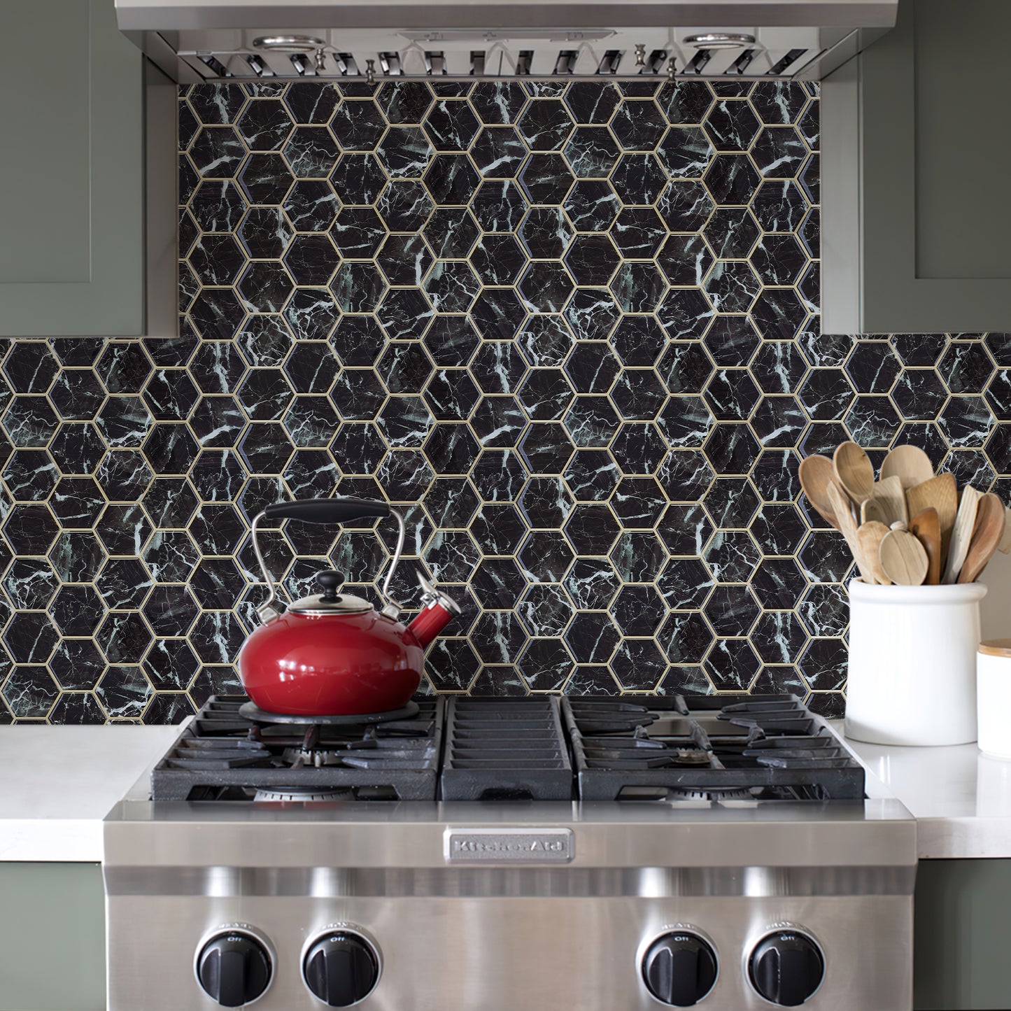 MT1207 - Black Marble Hexagon Decals Peel And Stick Backsplash Tile , 12" x 12" White Tile