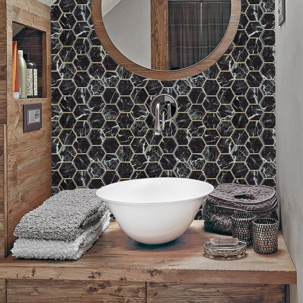 MT1207 - Black Marble Hexagon Decals Peel And Stick Backsplash Tile , 12" x 12" White Tile