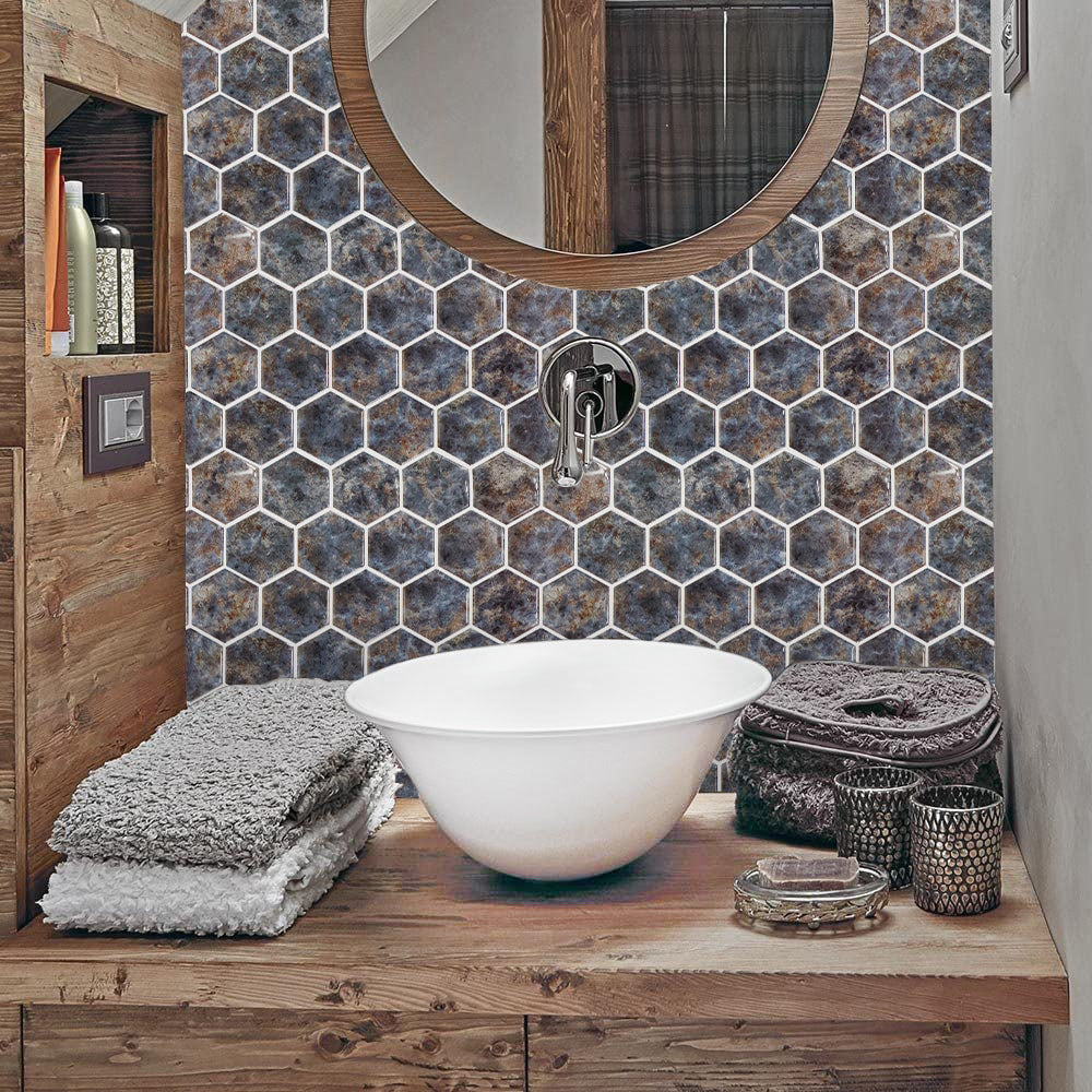 MT1209 - Lunar Grey Marble hexagon Decals Peel And Stick Backsplash Tile , 12" x 12" White Tile
