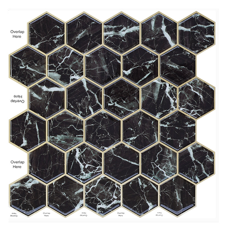 MT1207 - Black Marble Hexagon Decals Peel And Stick Backsplash Tile , 12" x 12" White Tile