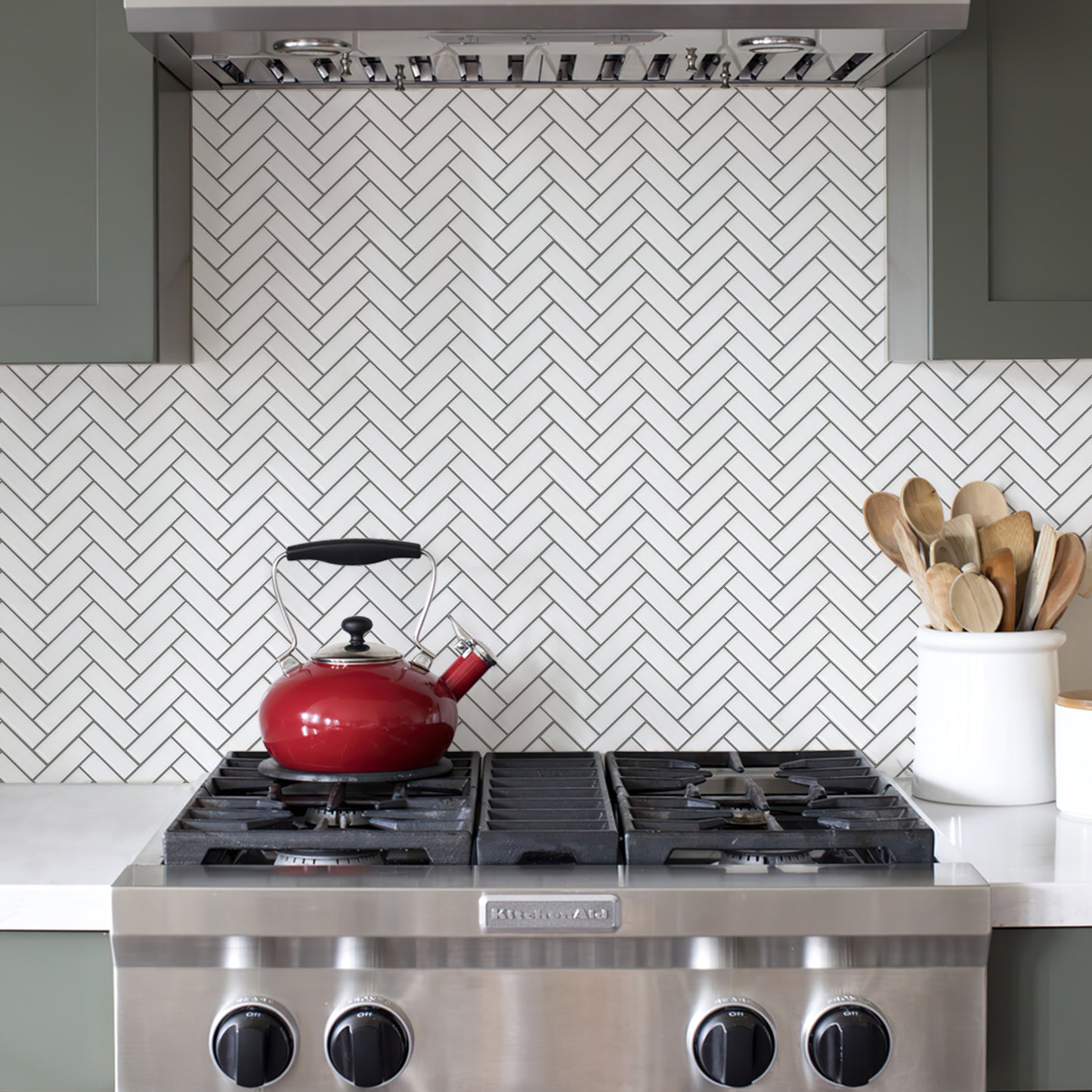 MT1213 - Herringbone Decals Peel And Stick Backsplash Tile , 12" x 12" White Tile
