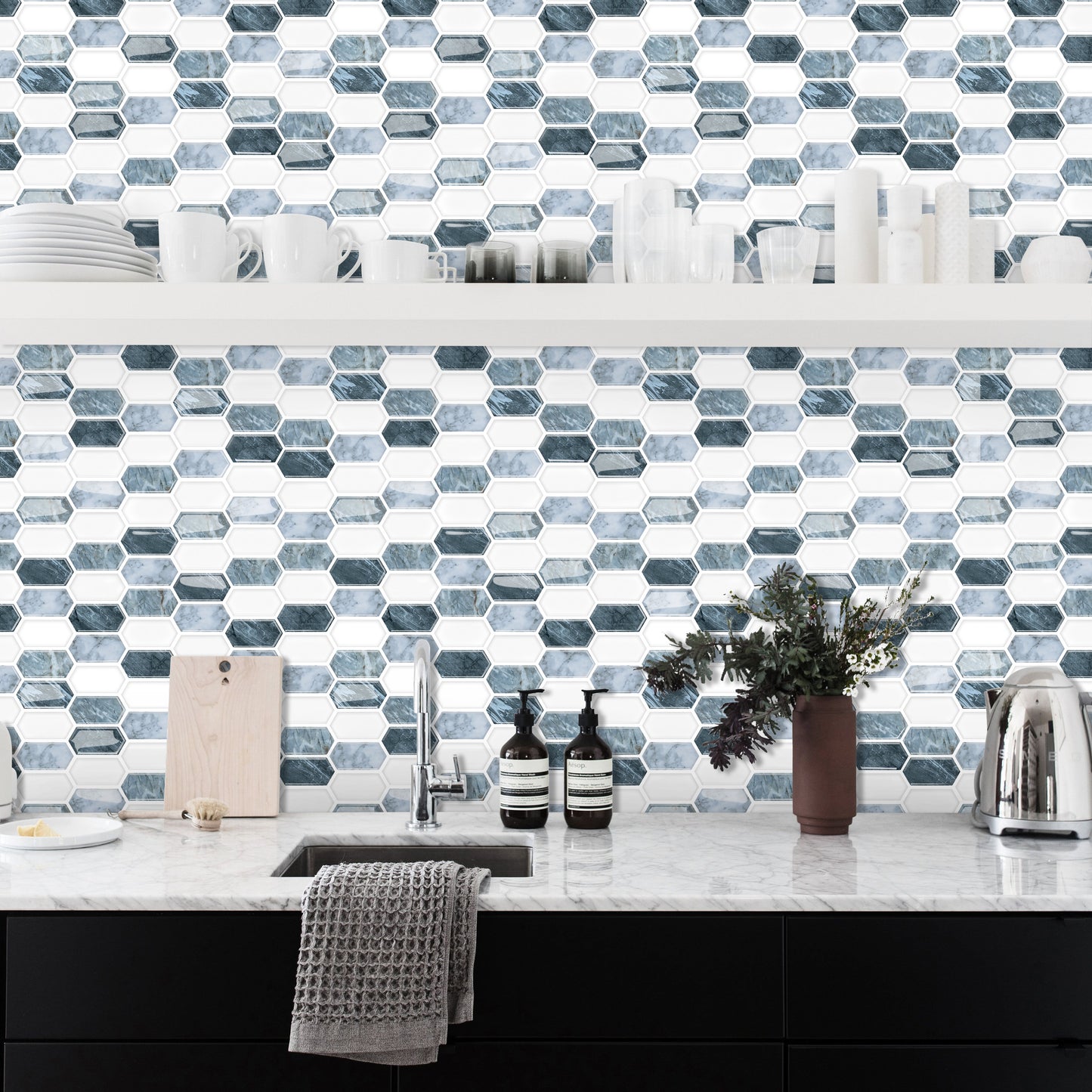 MT1254 - Off-white long hexagon hexagon Diamond Peel And Stick Backsplash Tile , 12" x 12" Tile