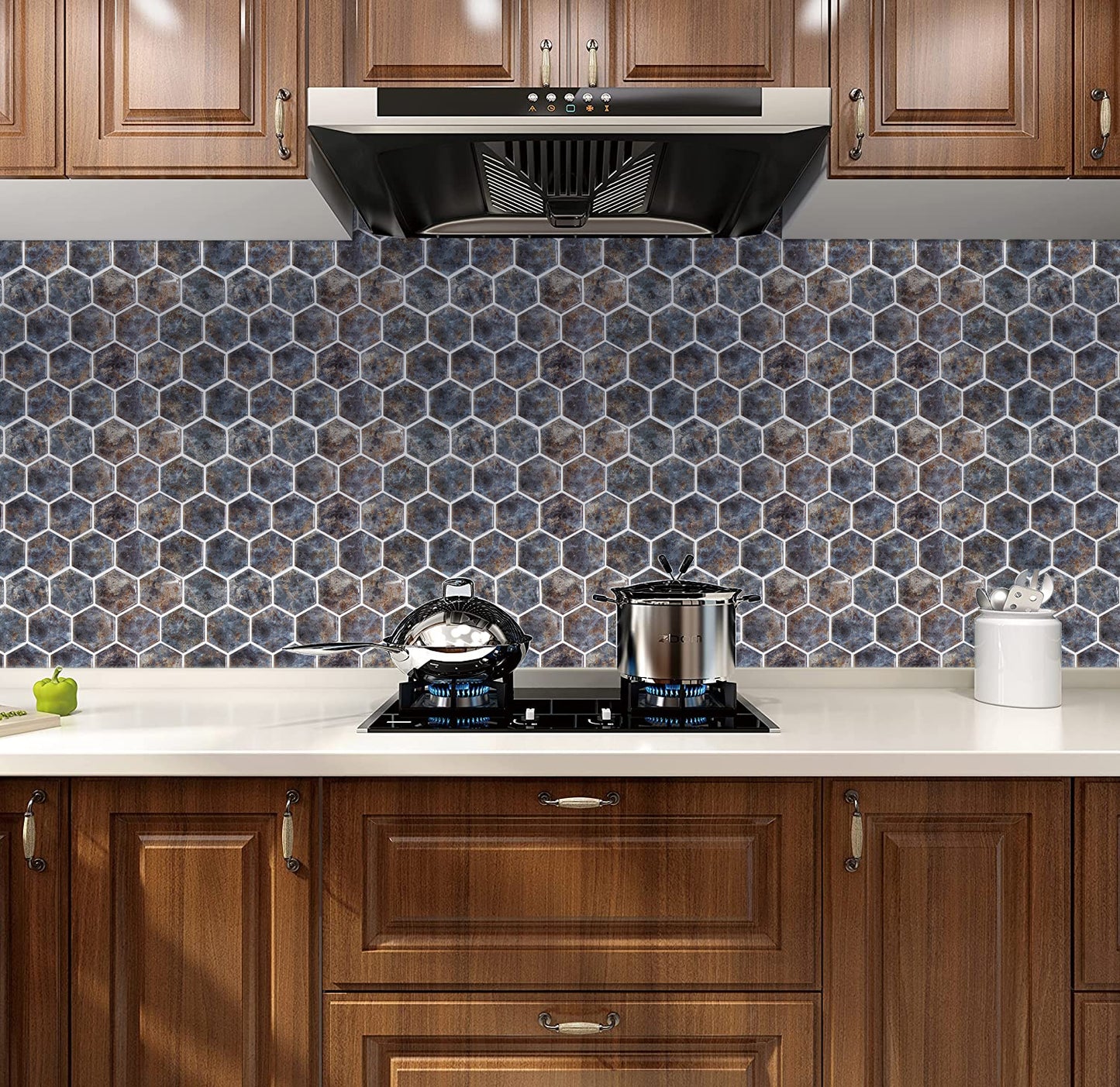 MT1209 - Lunar Grey Marble hexagon Decals Peel And Stick Backsplash Tile , 12" x 12" White Tile