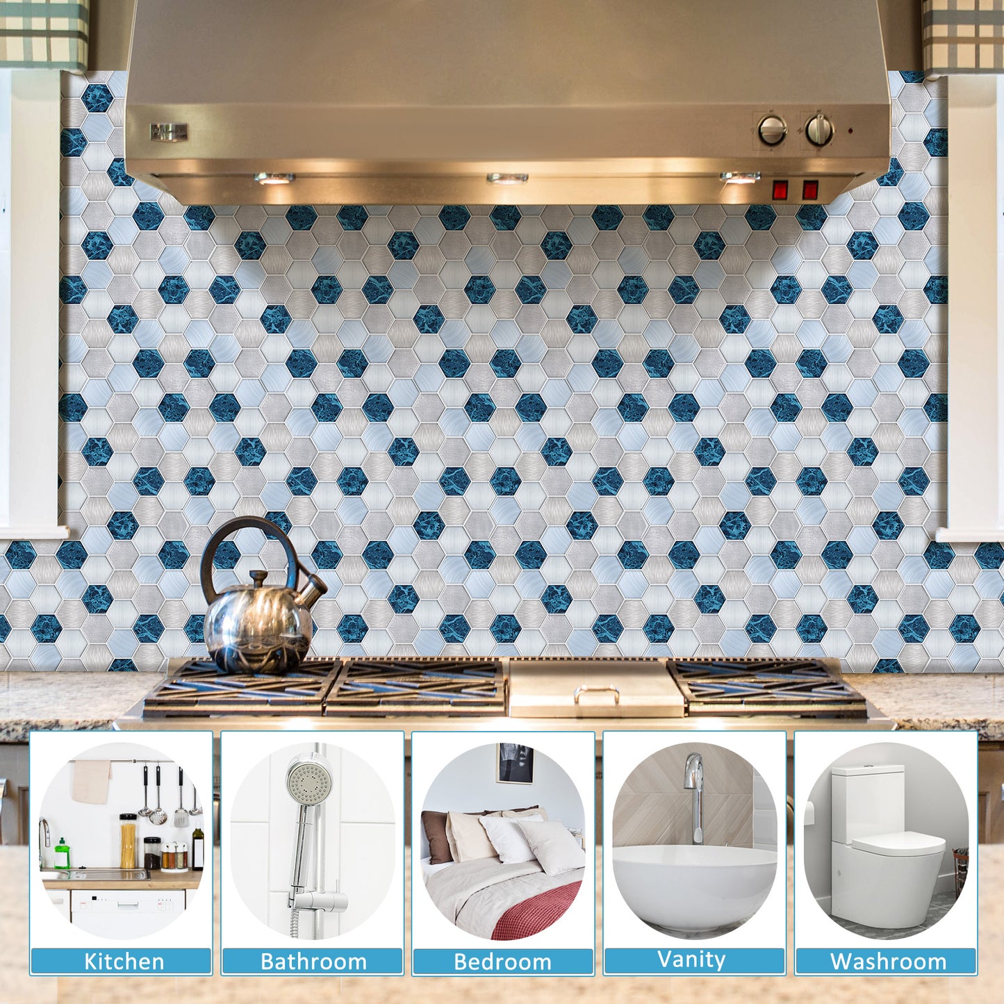 MT1228 - Hexagon Decals Peel And Stick Backsplash Tile , 12" x 12" White Tile