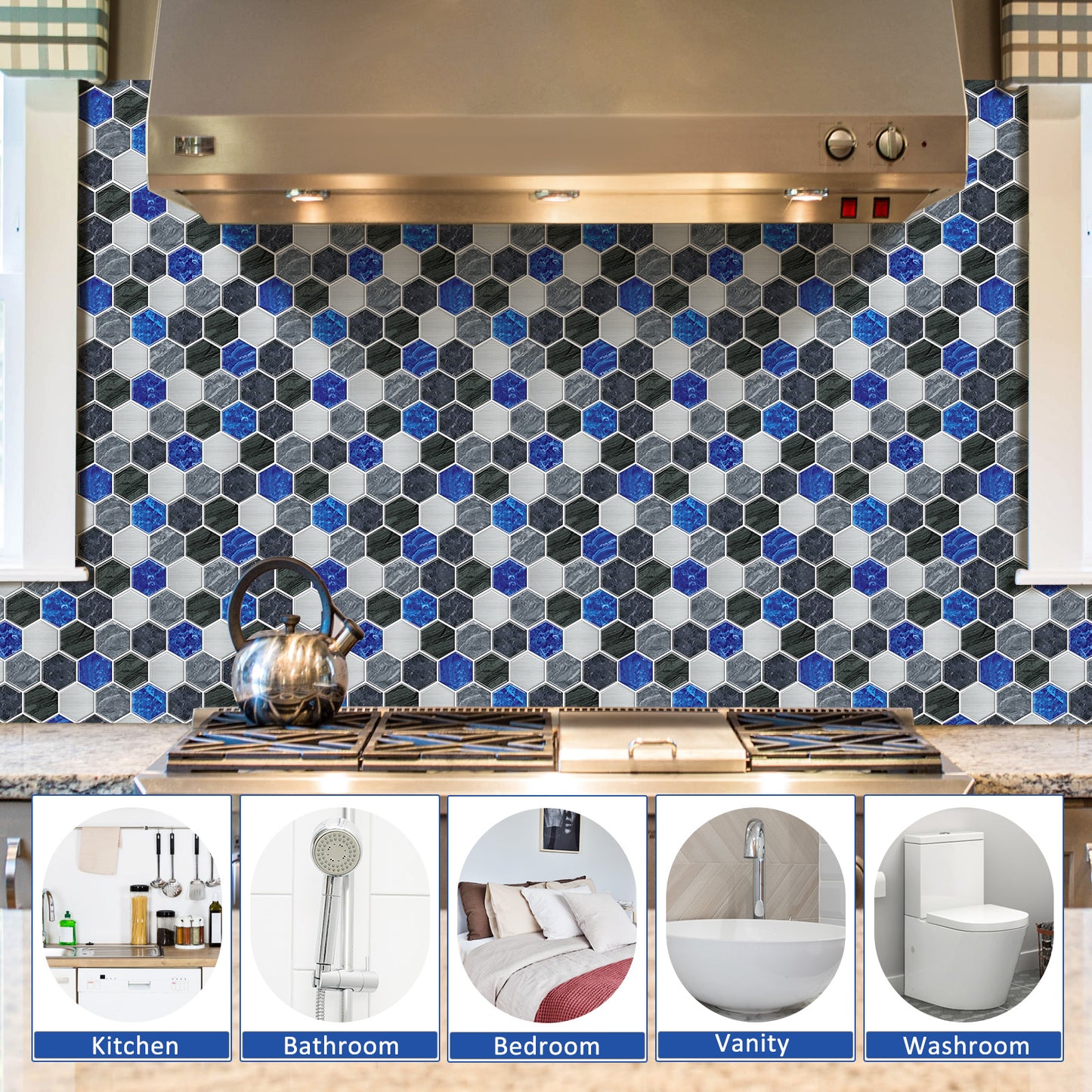 MT1227 - Hexagon Decals Peel And Stick Backsplash Tile , 12" x 12" White Tile