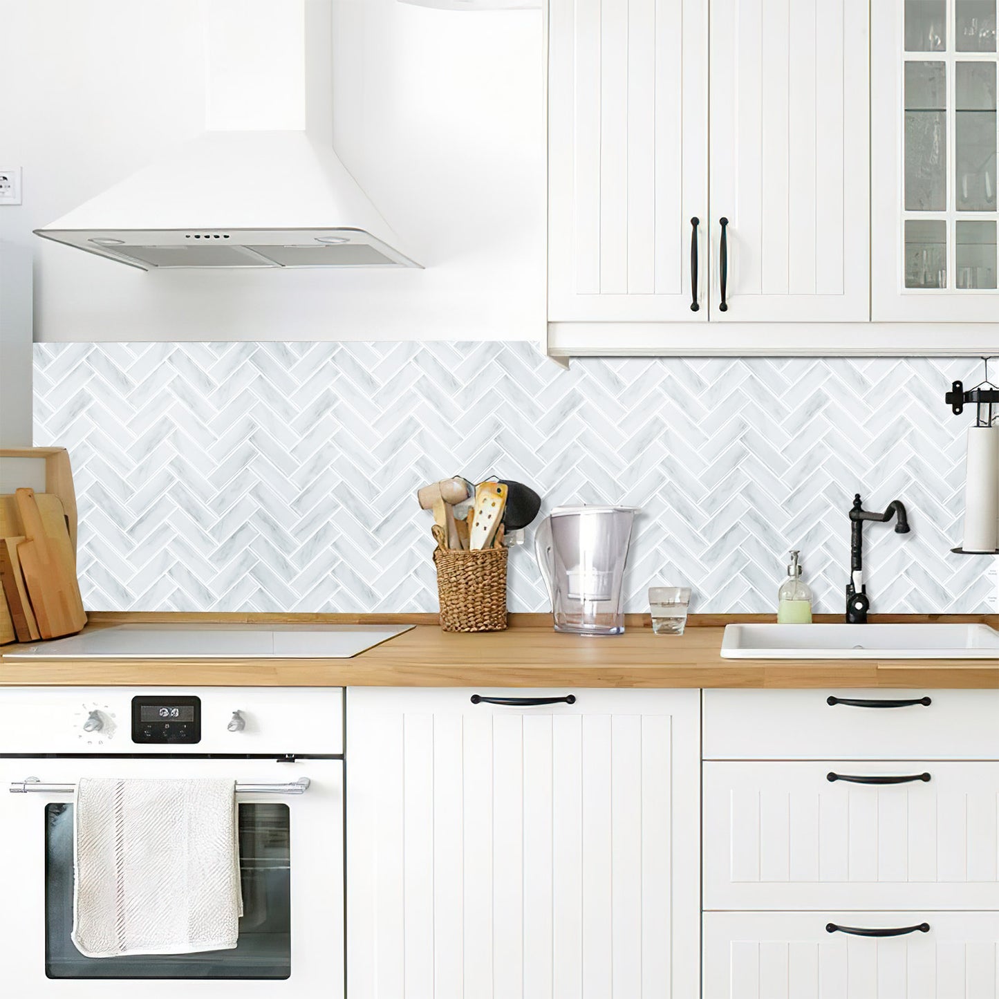 MT1212 - Herringbone Decals Peel And Stick Backsplash Tile , 12" x 12" White Tile
