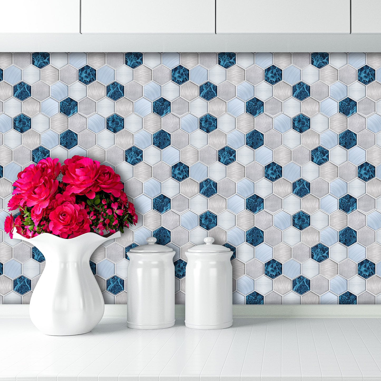 MT1228 - Hexagon Decals Peel And Stick Backsplash Tile , 12" x 12" White Tile