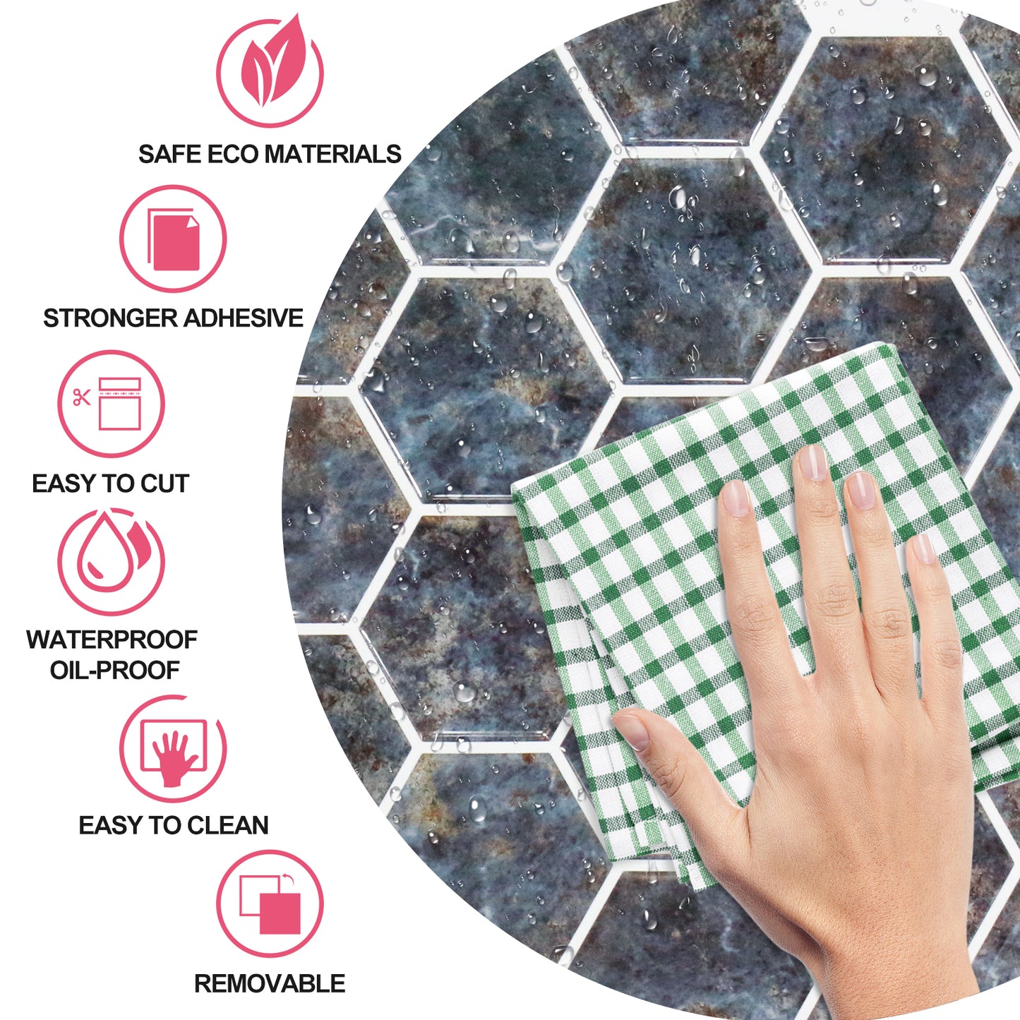 MT1209 - Lunar Grey Marble hexagon Decals Peel And Stick Backsplash Tile , 12" x 12" White Tile