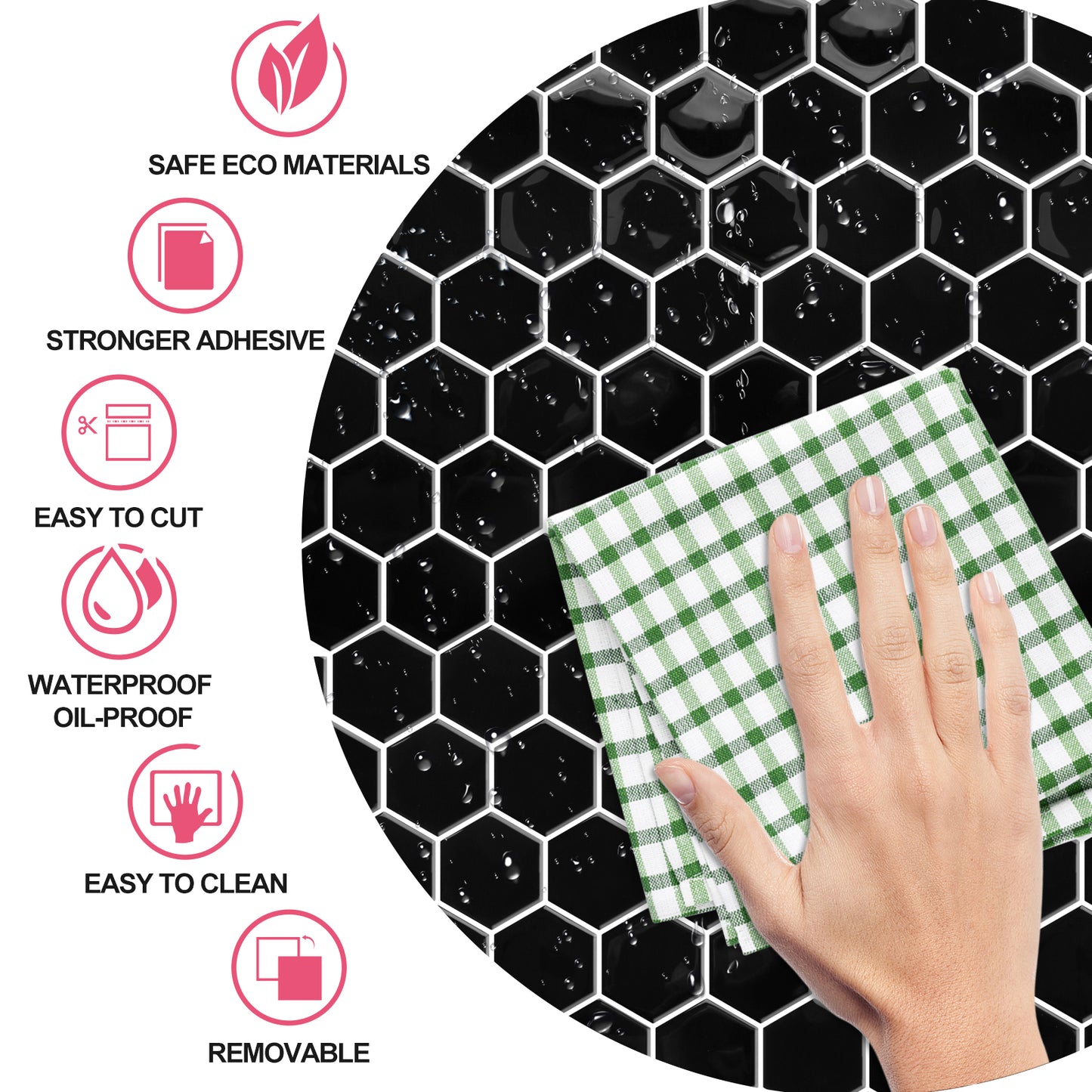 MT1253 - Black Hexagon Decals Peel And Stick Backsplash Tile , 12" x 12" White Tile