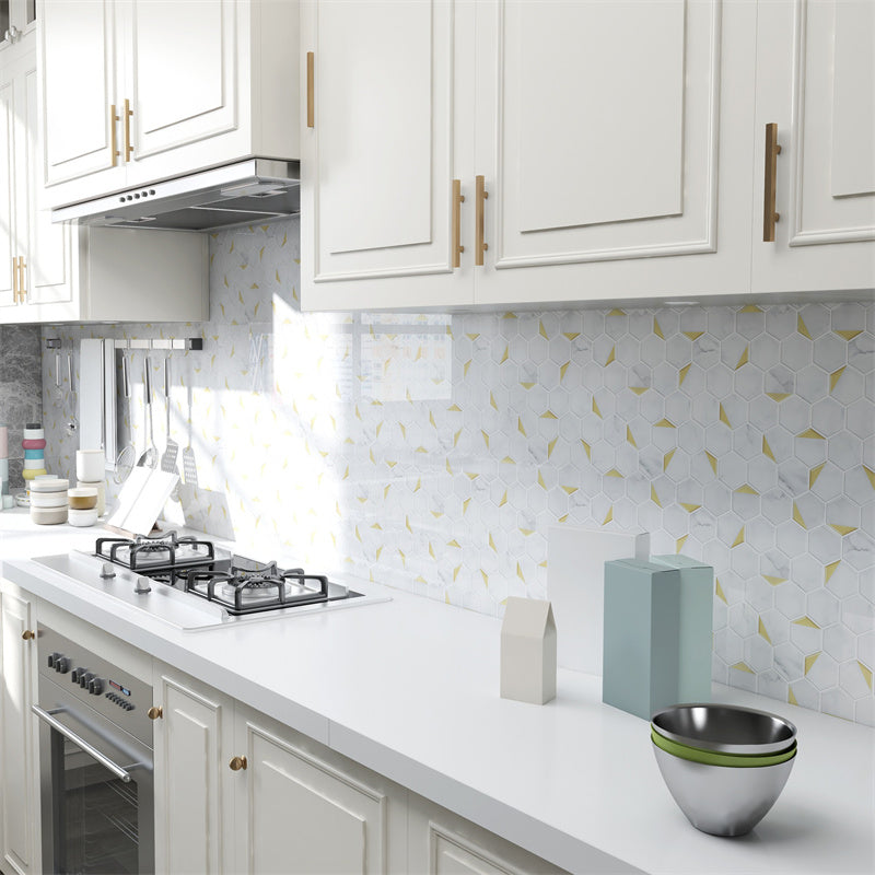 MT1179 - Regular hexagon Decals Peel And Stick Backsplash Tile , 12" x 12" White/gold Tile