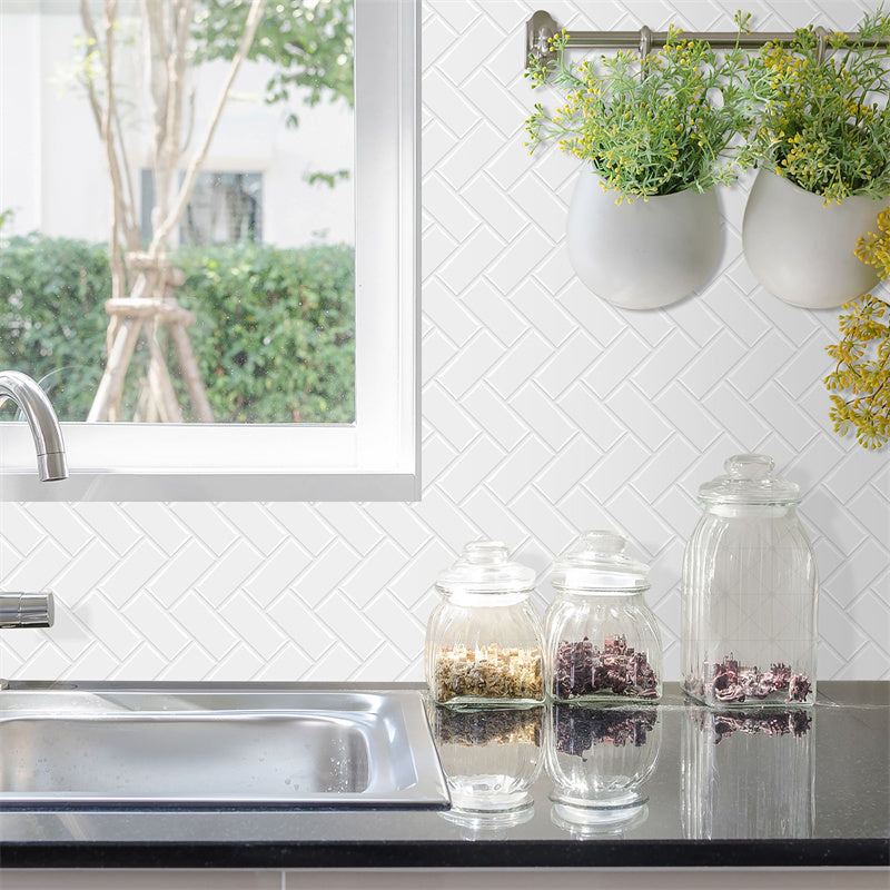 MT1071 - Herringbone Decals Peel And Stick Backsplash Tile , 12" x 12" White Tile