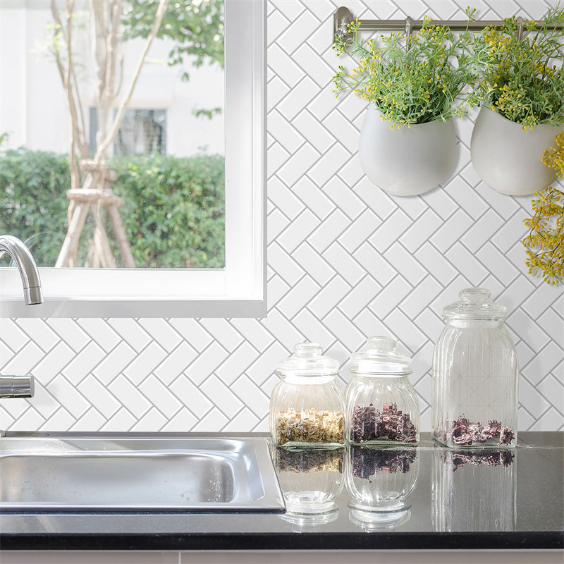 MT1070 - Herringbone Decals Peel And Stick Backsplash Tile , 12" x 12" White Tile