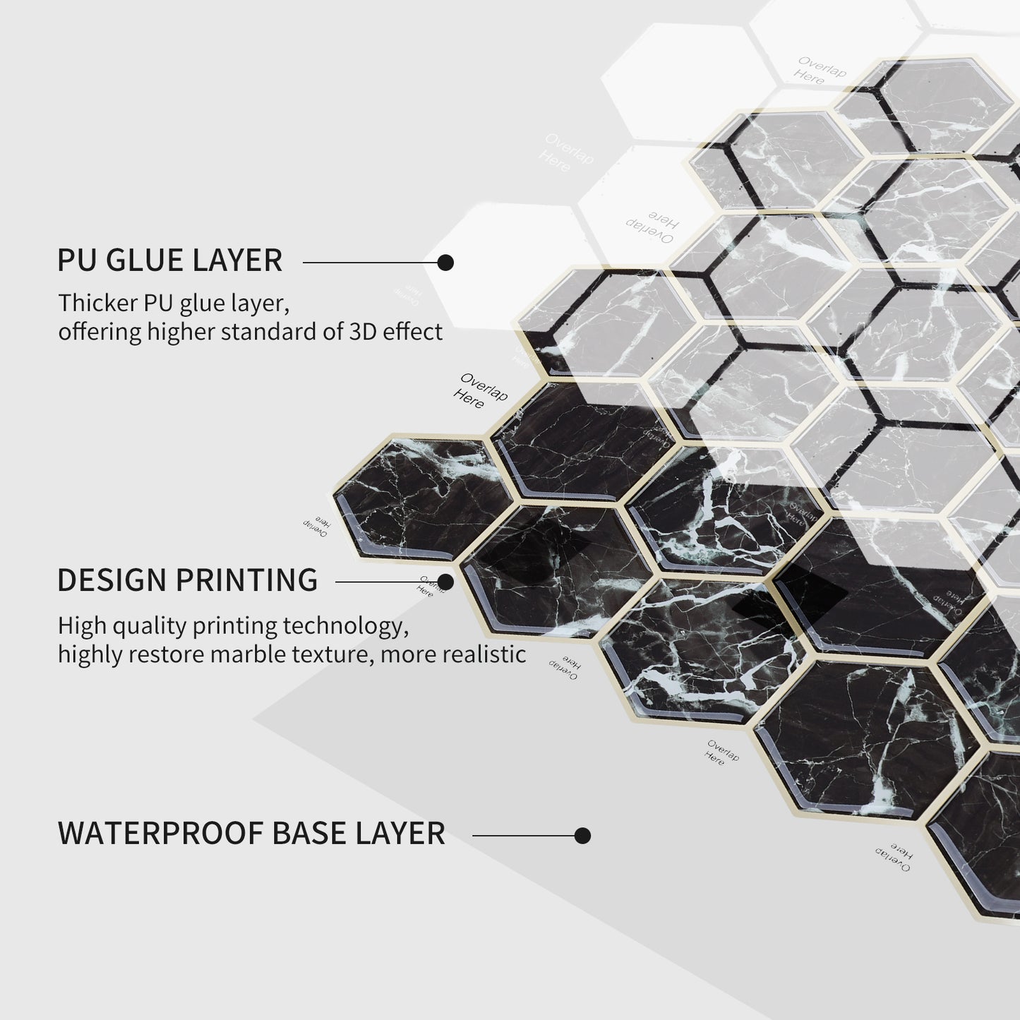 MT1207 - Black Marble Hexagon Decals Peel And Stick Backsplash Tile , 12" x 12" White Tile