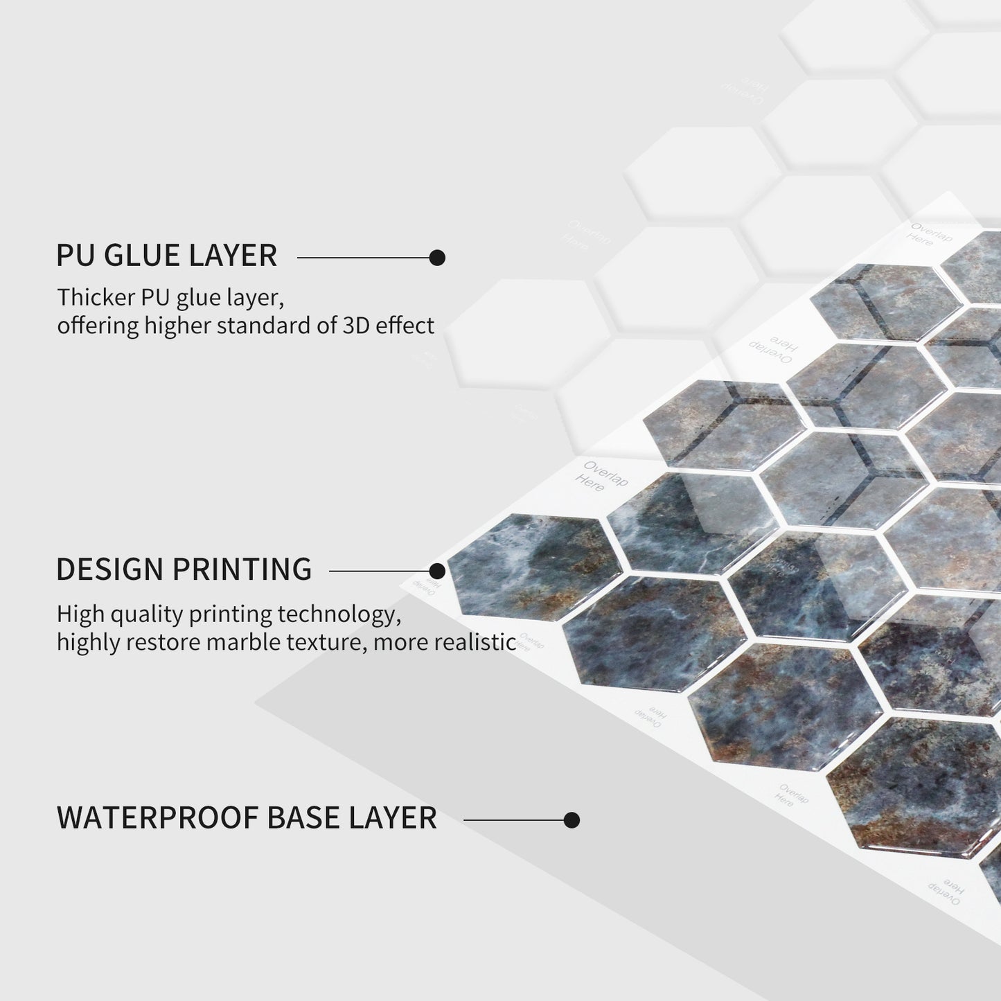 MT1209 - Lunar Grey Marble hexagon Decals Peel And Stick Backsplash Tile , 12" x 12" White Tile