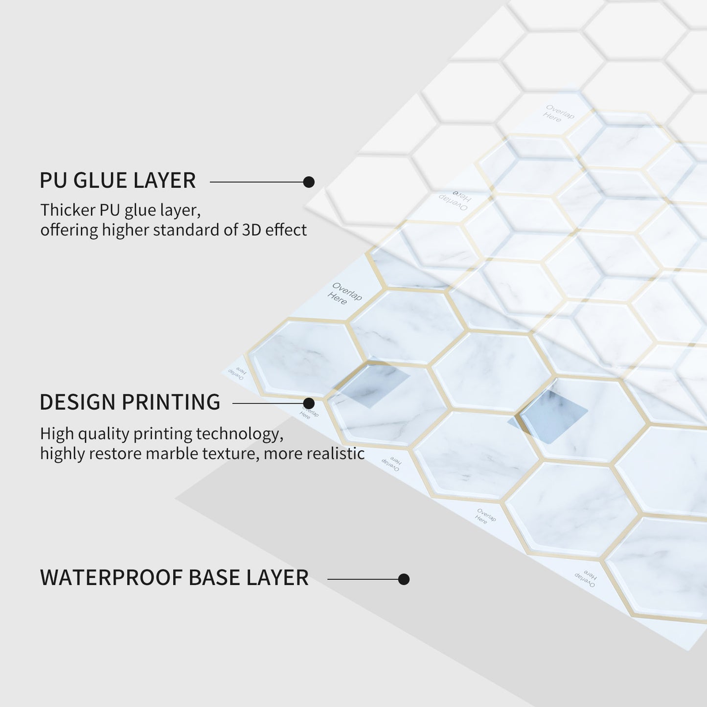 MT1210 - White Carrara Marble hexagon Decals Peel And Stick Backsplash Tile , 12" x 12" White Tile