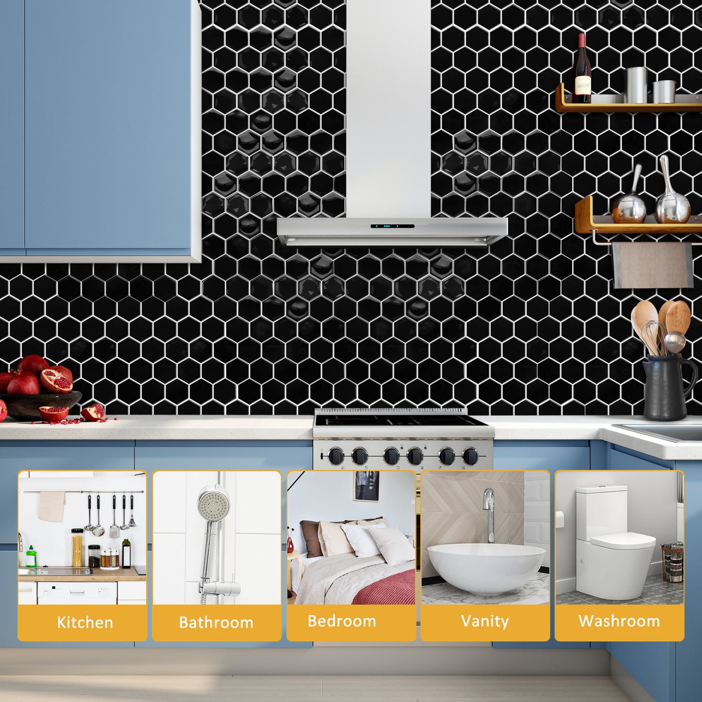 MT1253 - Black Hexagon Decals Peel And Stick Backsplash Tile , 12" x 12" White Tile