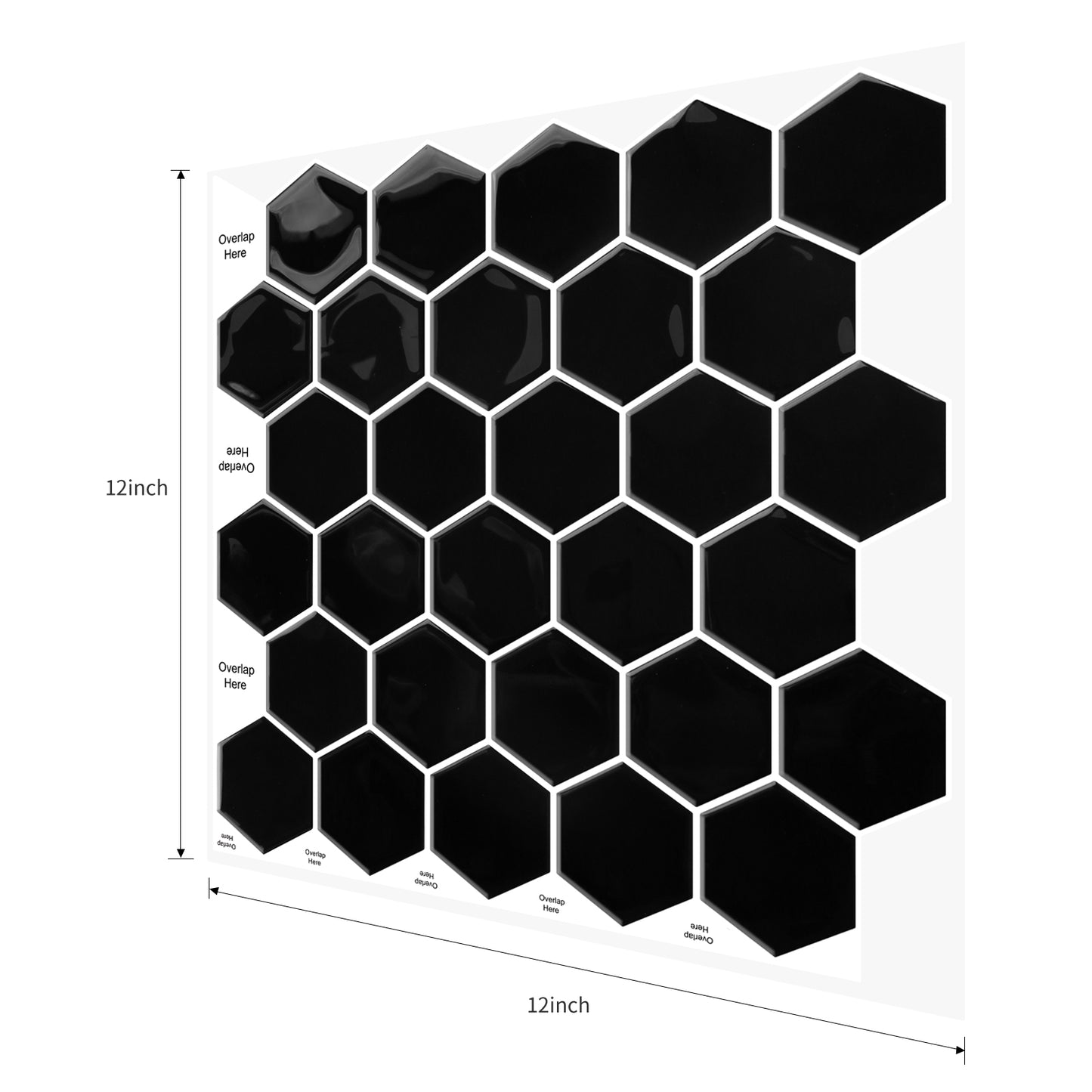 MT1253 - Black Hexagon Decals Peel And Stick Backsplash Tile , 12" x 12" White Tile