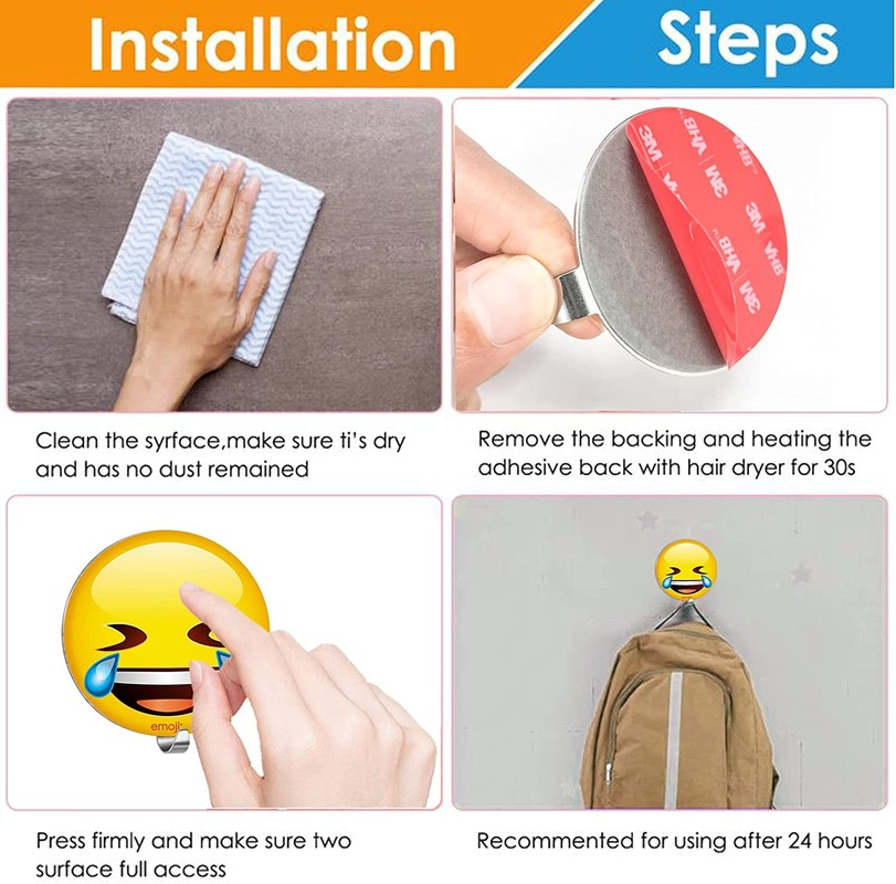 Cute Emoji Stainless Steel Adhesive Wall Hooks 4 pcs