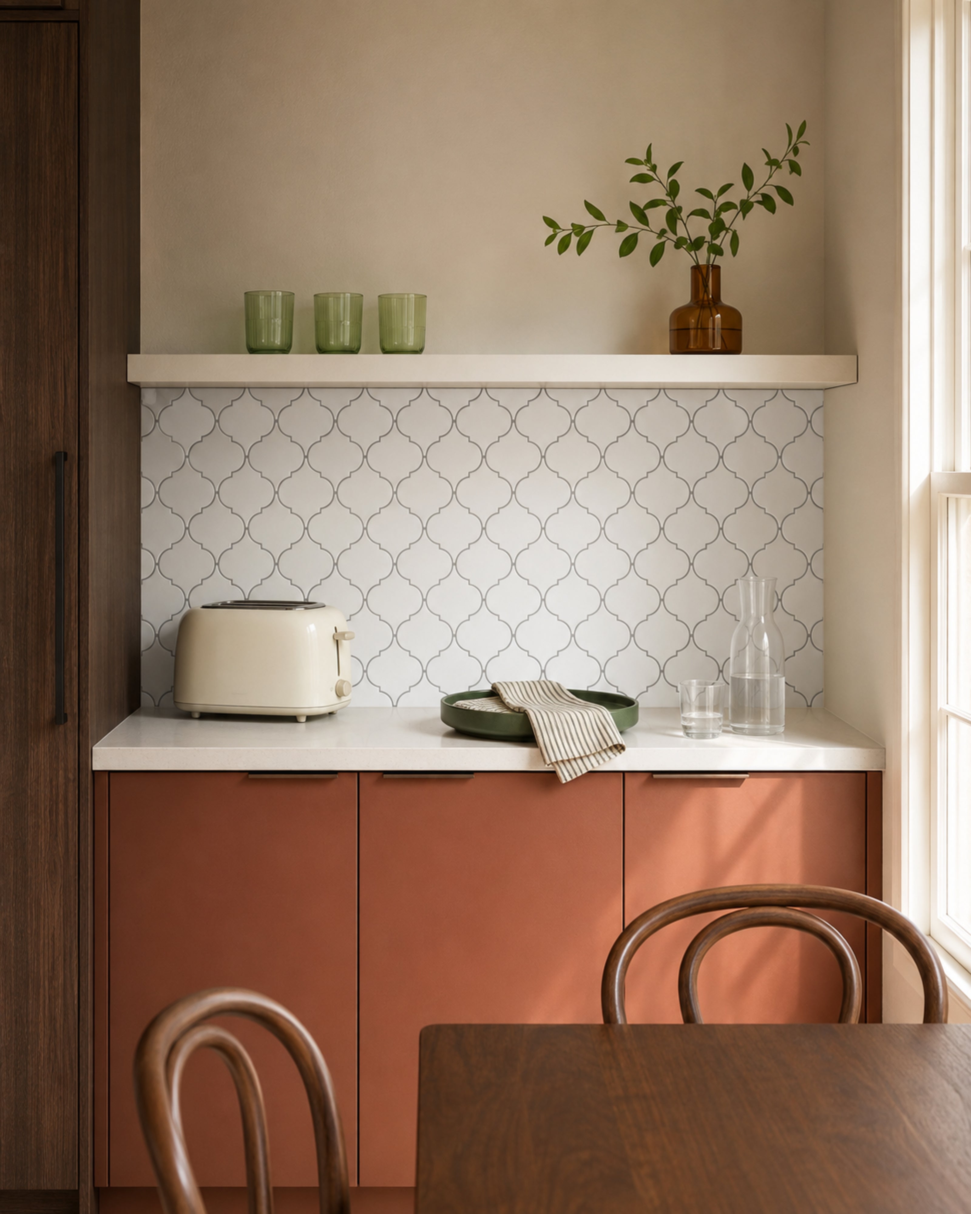 MORCART MT1046A Arabesque peel-and-stick wall tiles in a kitchen, front wide view