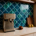 MORCART MT1167 Arabesque peel-and-stick wall tiles in a kitchen, oblique detail view