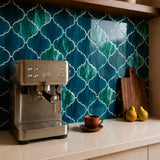 MORCART MT1167 Arabesque peel-and-stick wall tiles in a kitchen, oblique detail view