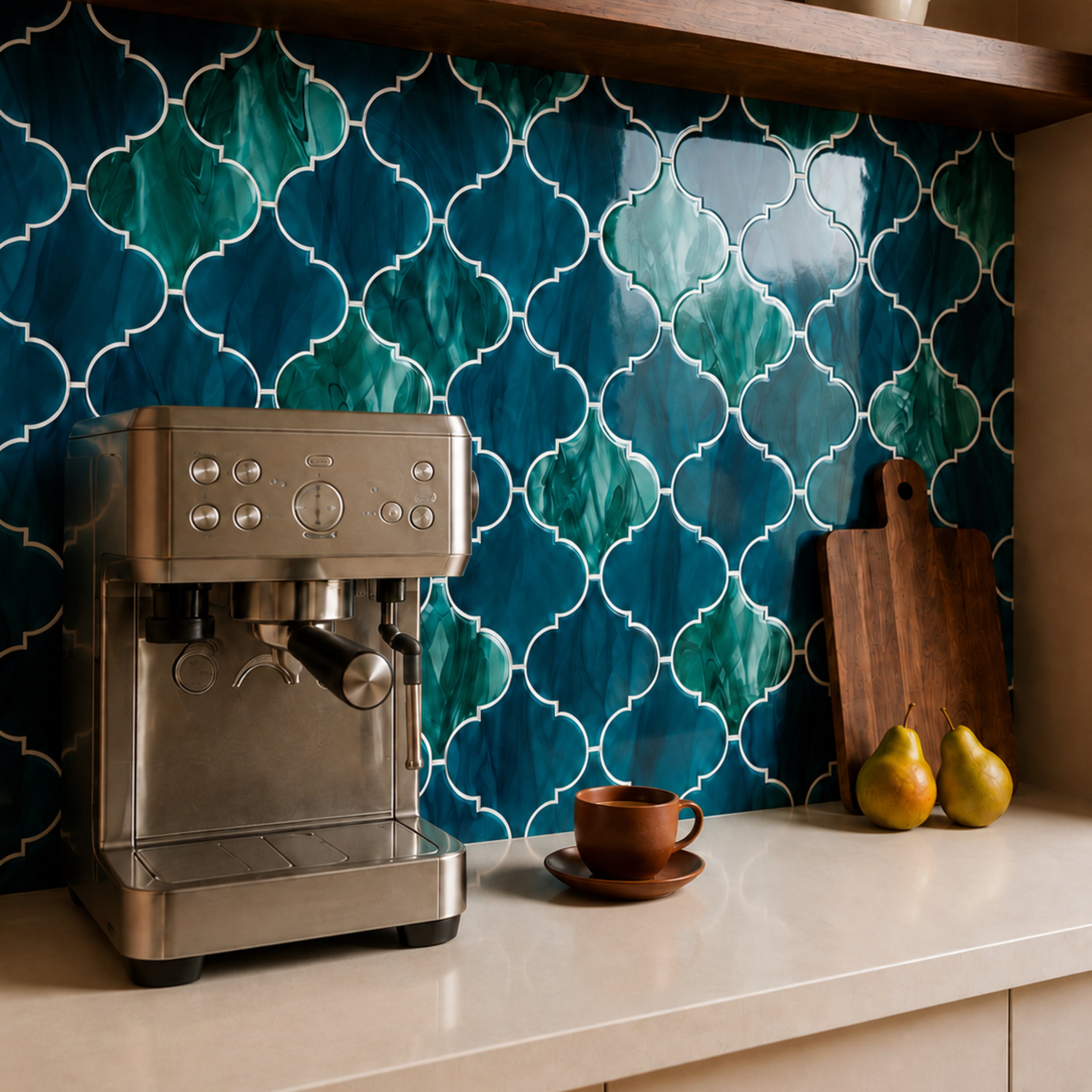 MORCART MT1167 Arabesque peel-and-stick wall tiles in a kitchen, oblique detail view