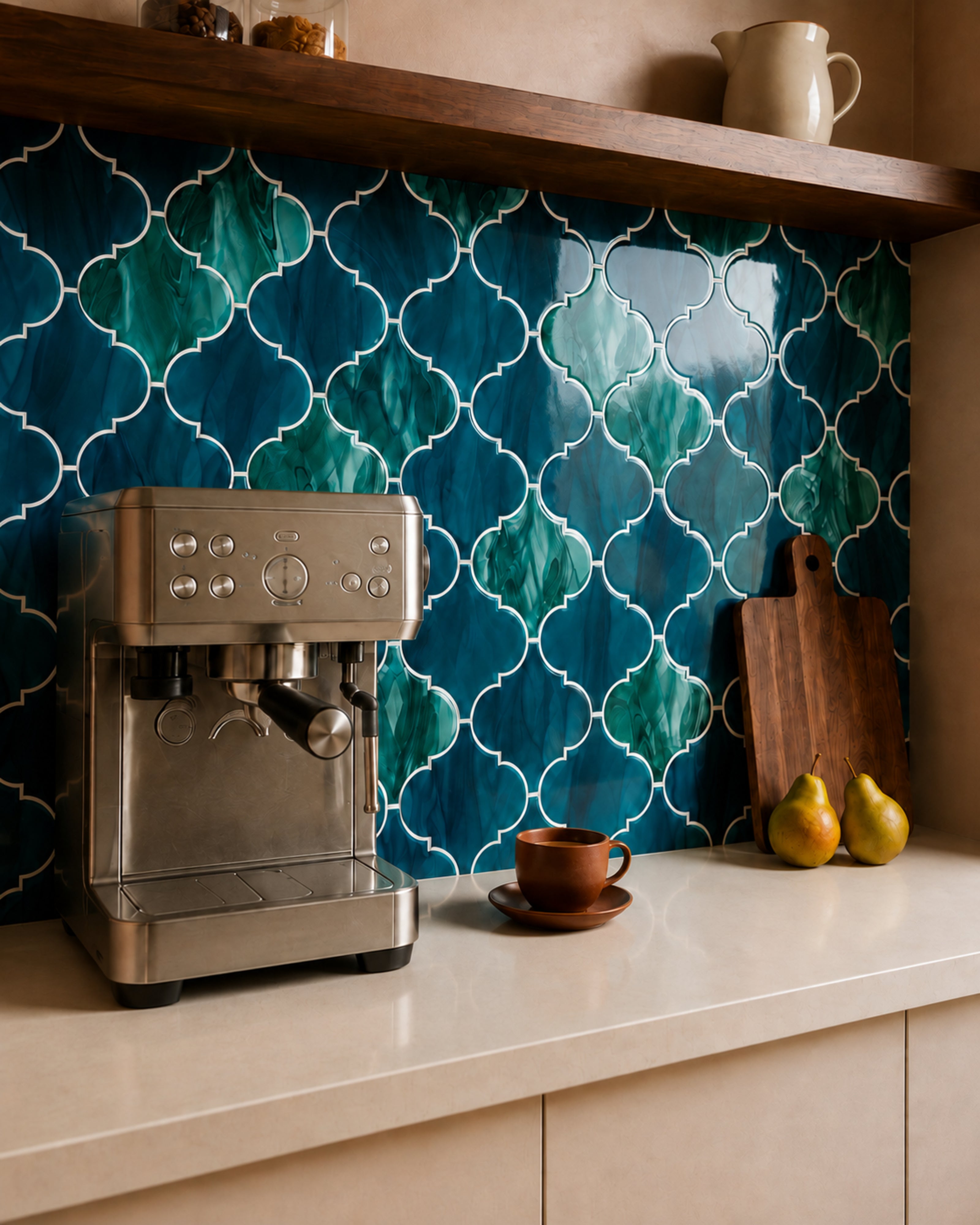 MORCART MT1167 Arabesque peel-and-stick wall tiles in a kitchen, oblique detail view