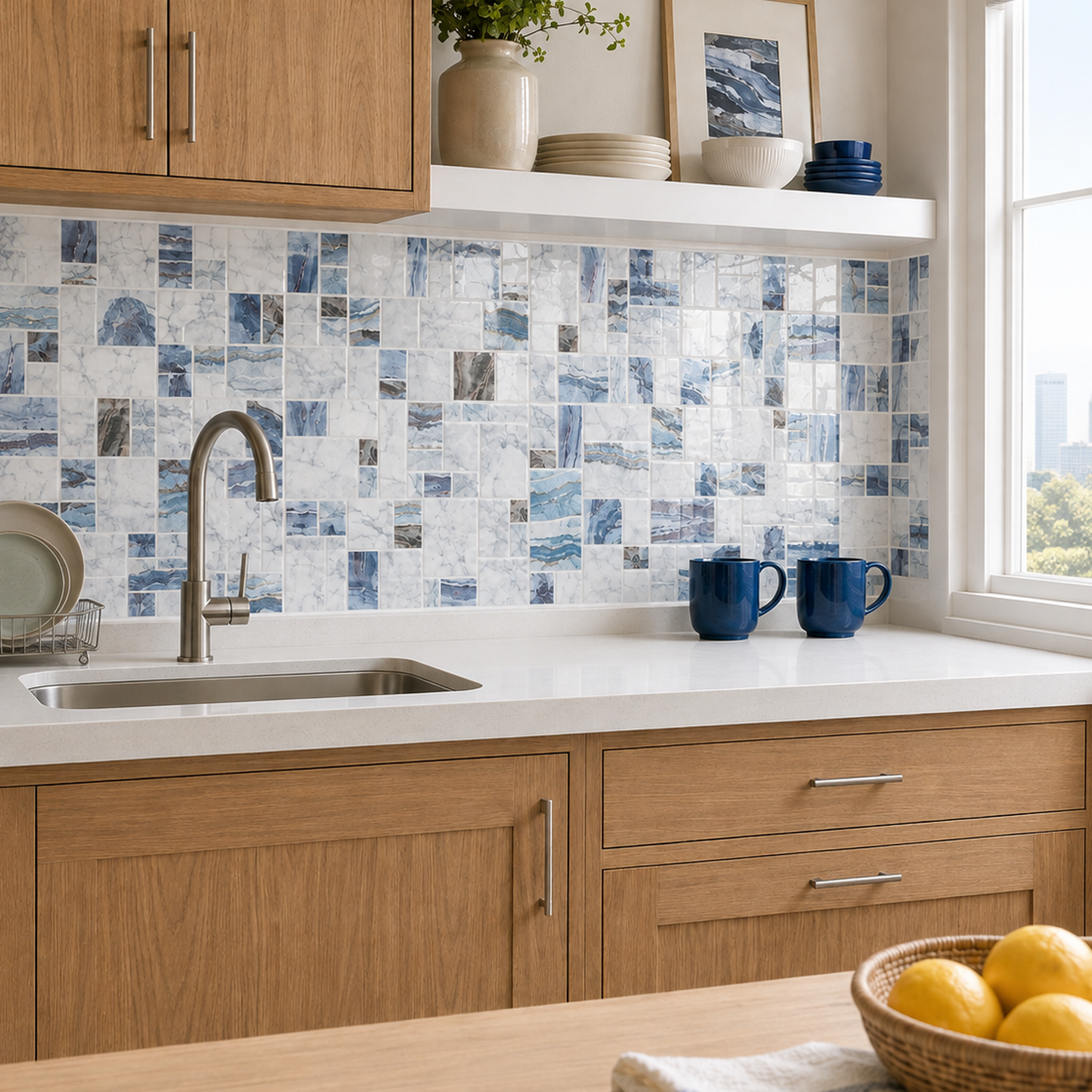 Ocean Blue Mosaic (MT1172-XPE) - kitchen backsplash, oblique wide