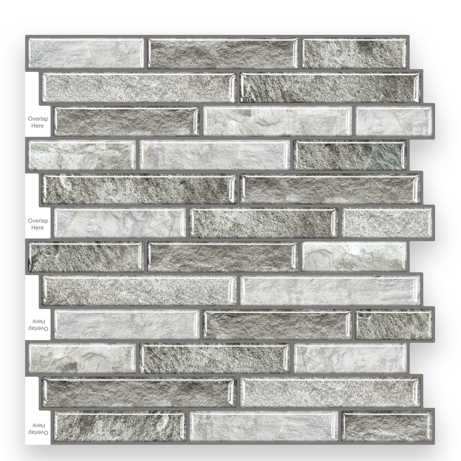 MORCART MT1189 grey stone-look staggered strip wall tile sheet with overlap edges