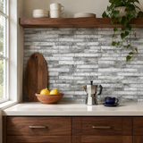 MORCART MT1189 grey stone-look peel-and-stick wall tiles in a walnut kitchen coffee corner, front wide view