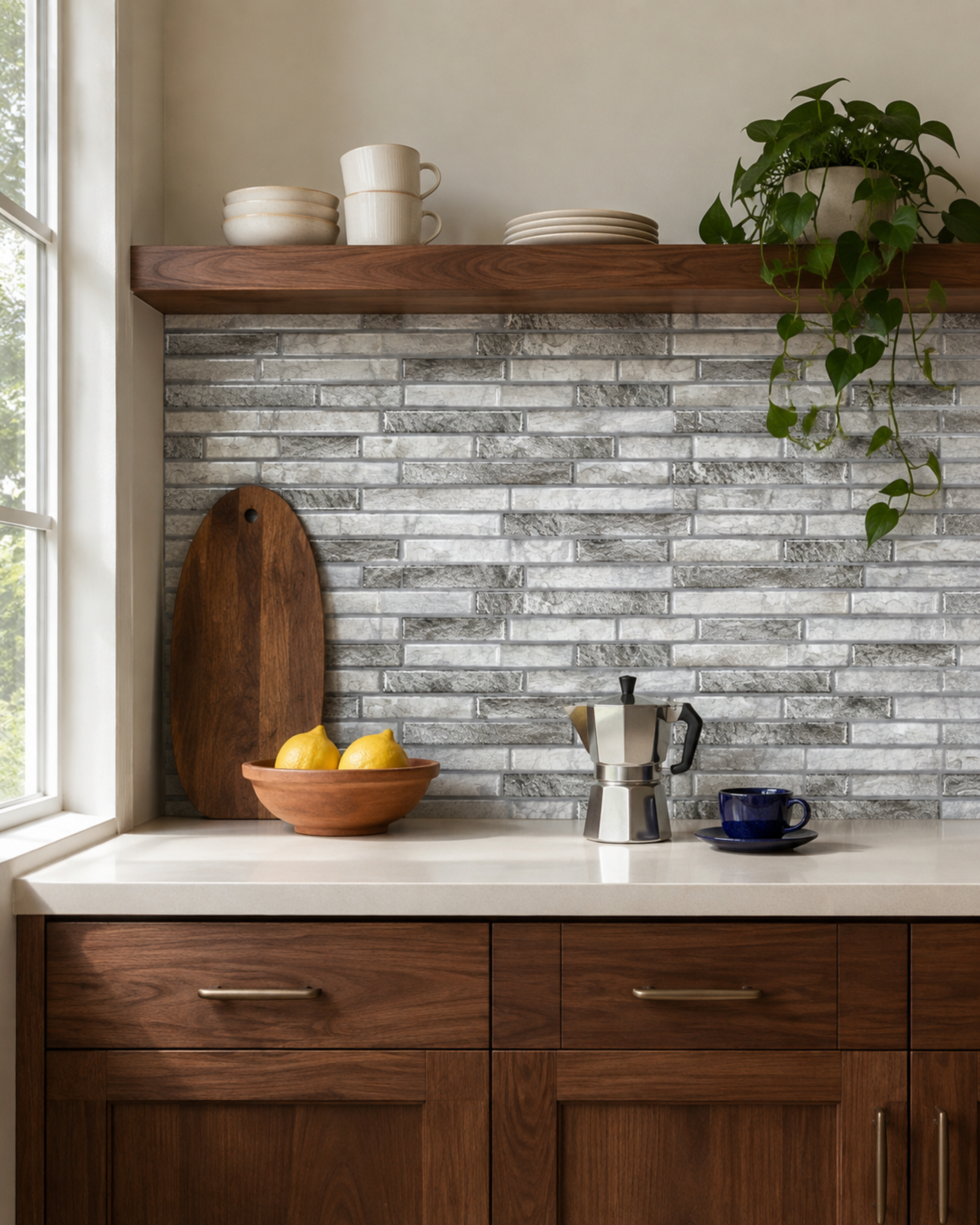 MORCART MT1189 grey stone-look peel-and-stick wall tiles in a walnut kitchen coffee corner, front wide view