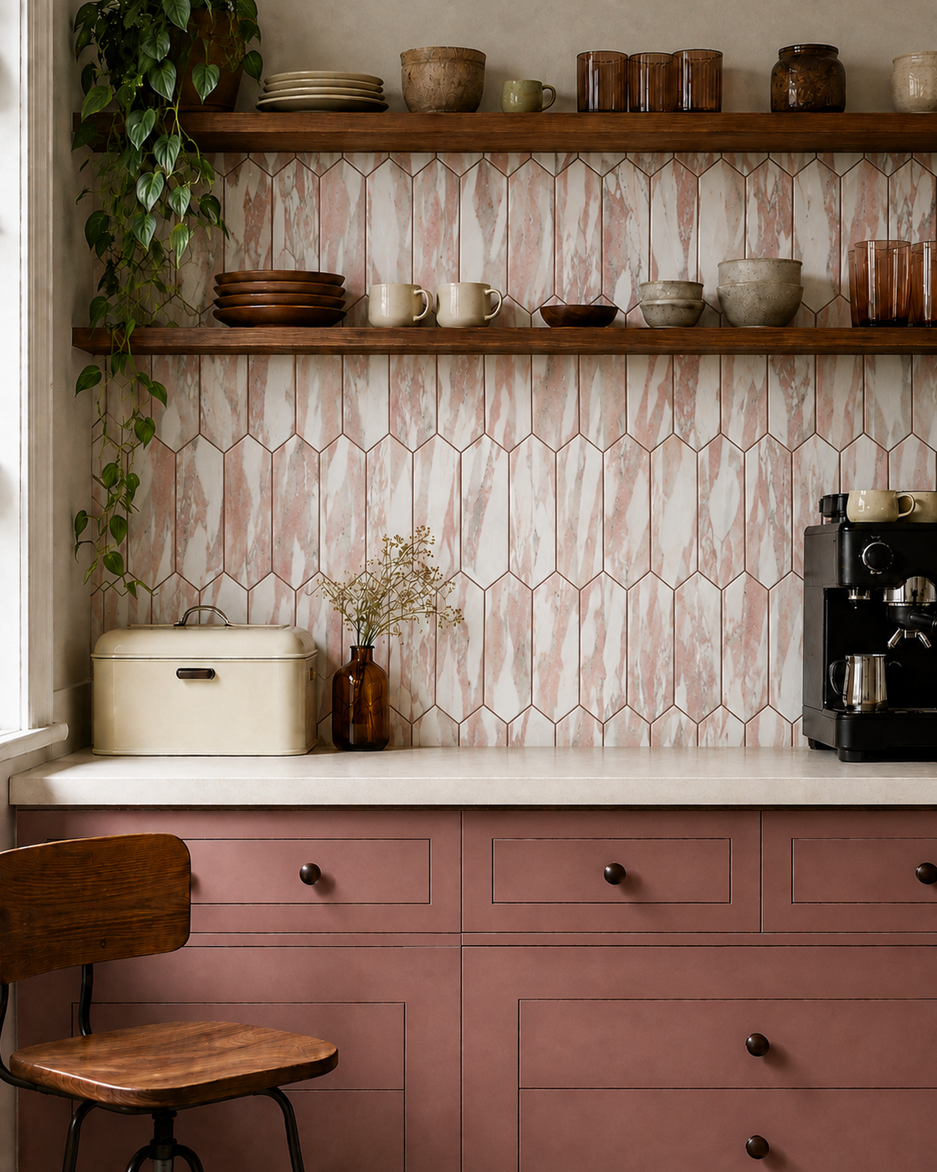 Rose Marble Long Hexagon (MT1272) - kitchen backsplash, front wide
