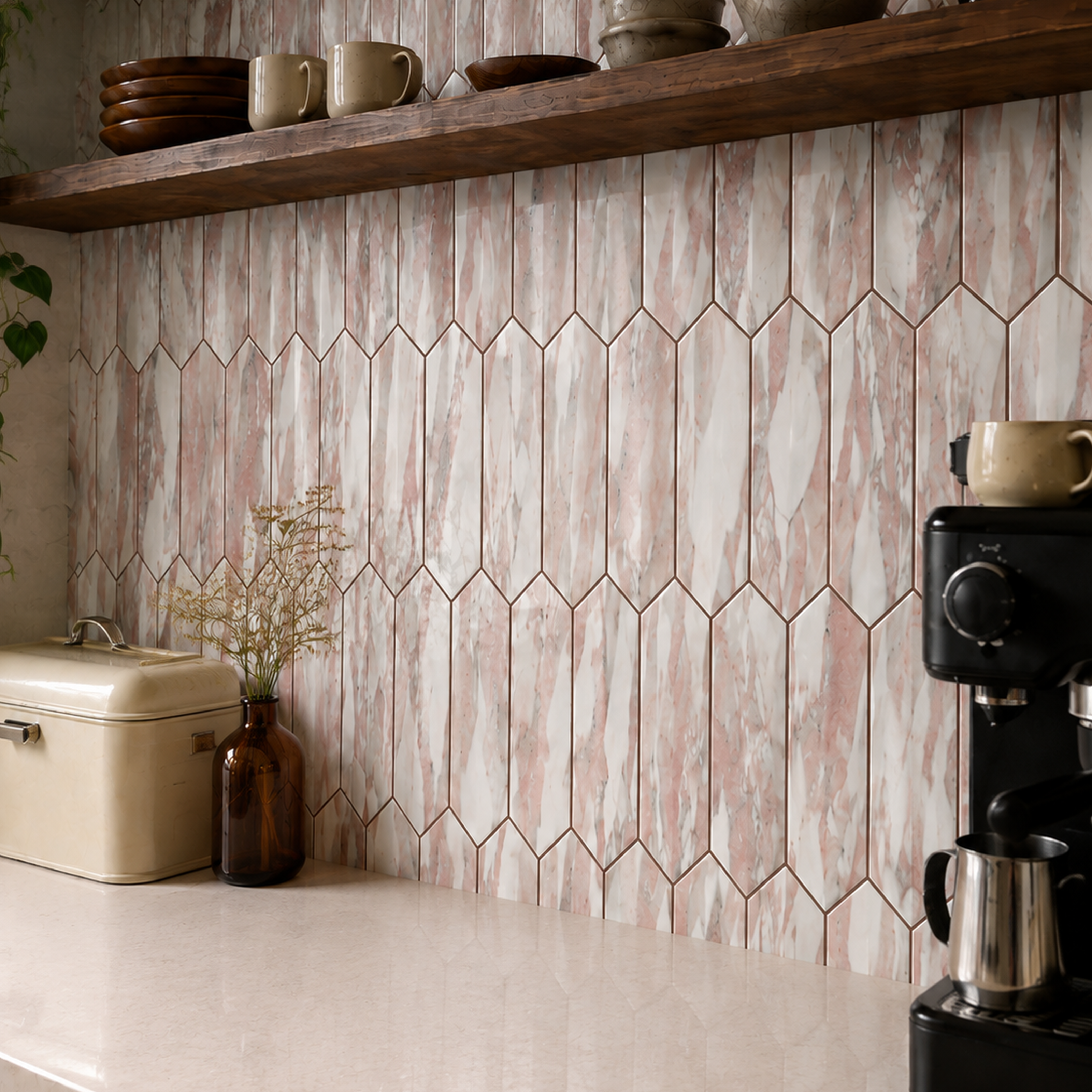 Rose Marble Long Hexagon (MT1272) - kitchen backsplash, oblique detail