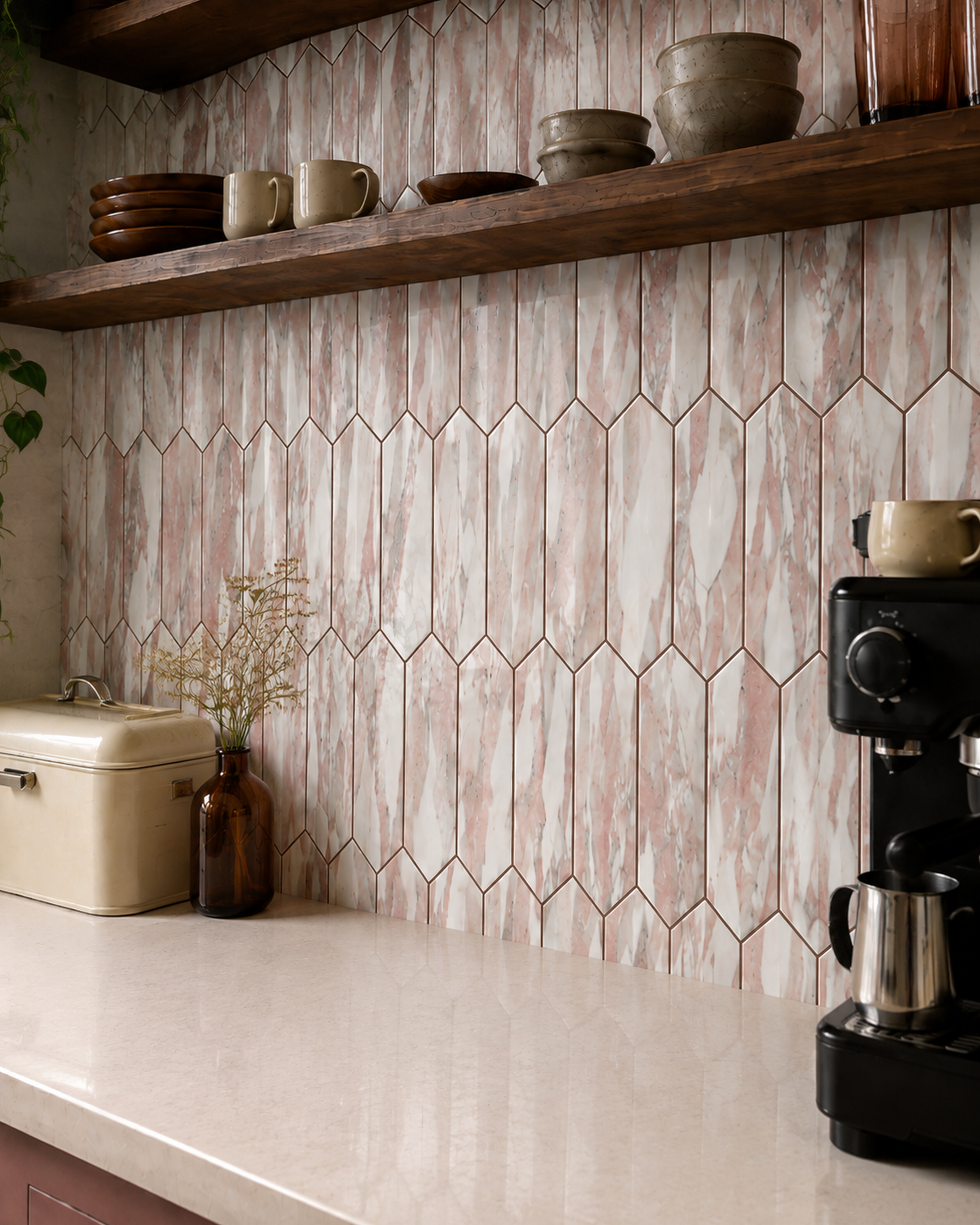 Rose Marble Long Hexagon (MT1272) - kitchen backsplash, oblique detail