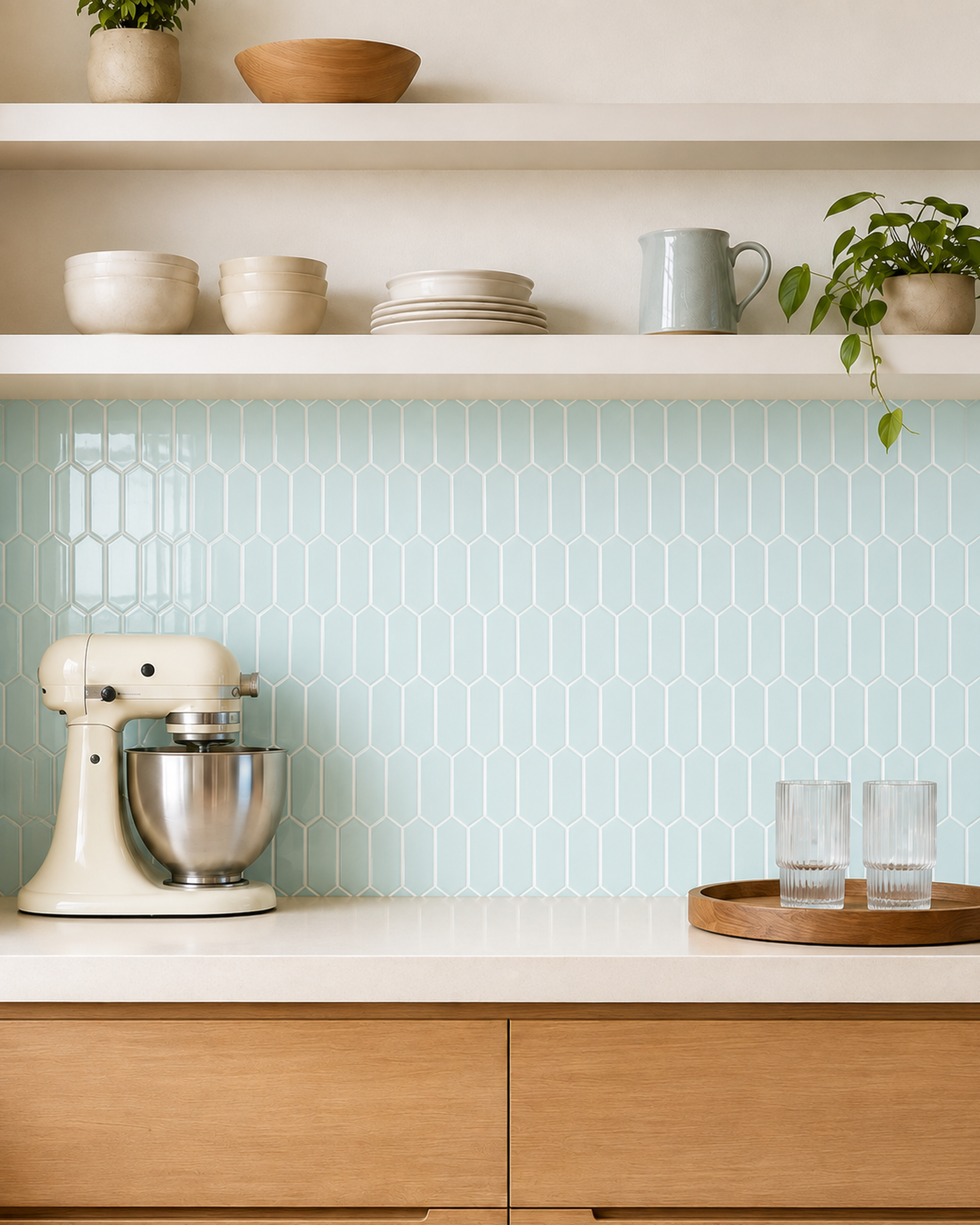 Sage Green Long Hexagon (MT1303) - kitchen backsplash, front detail