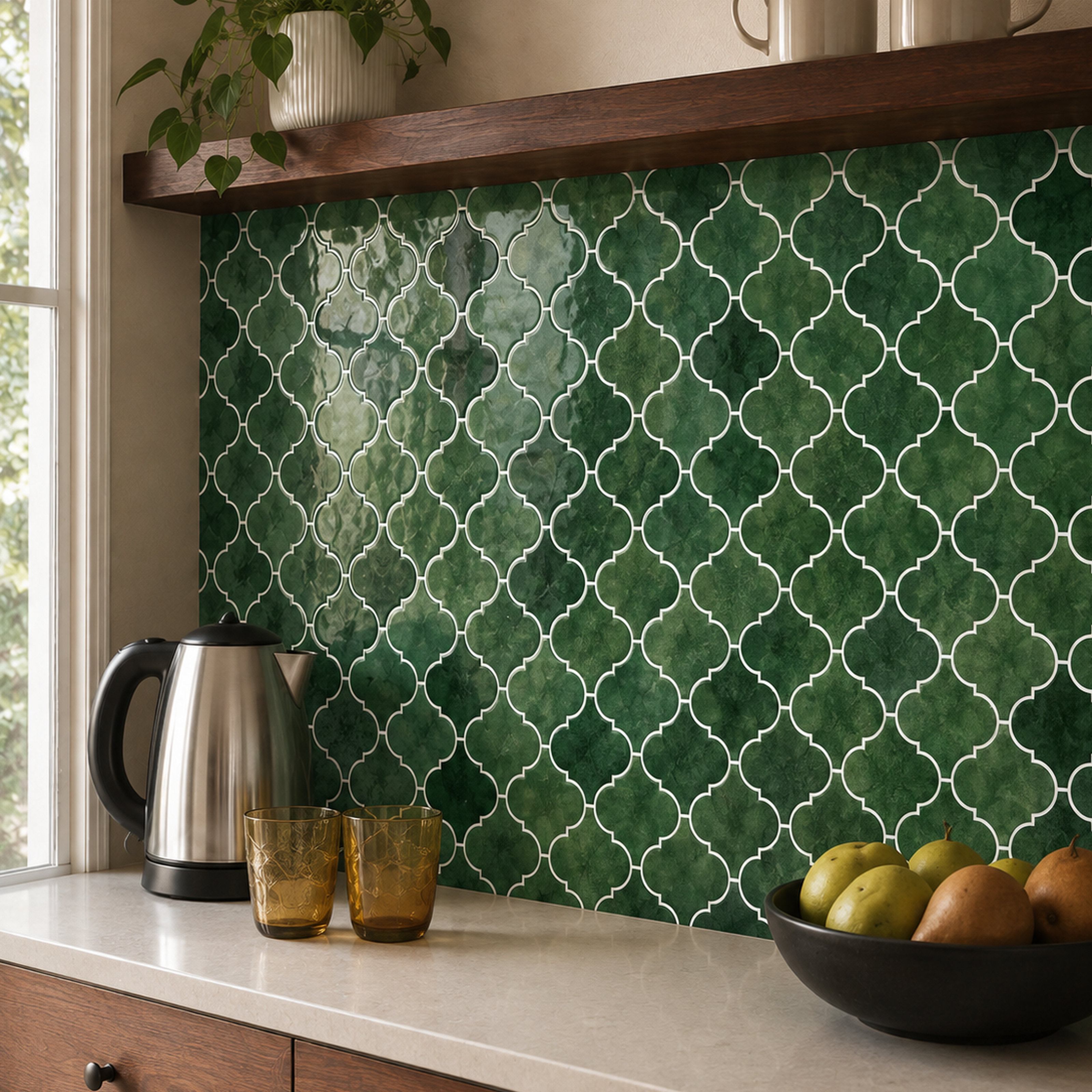Emerald Green Arabesque (MT1367-XPE) - kitchen backsplash, oblique detail