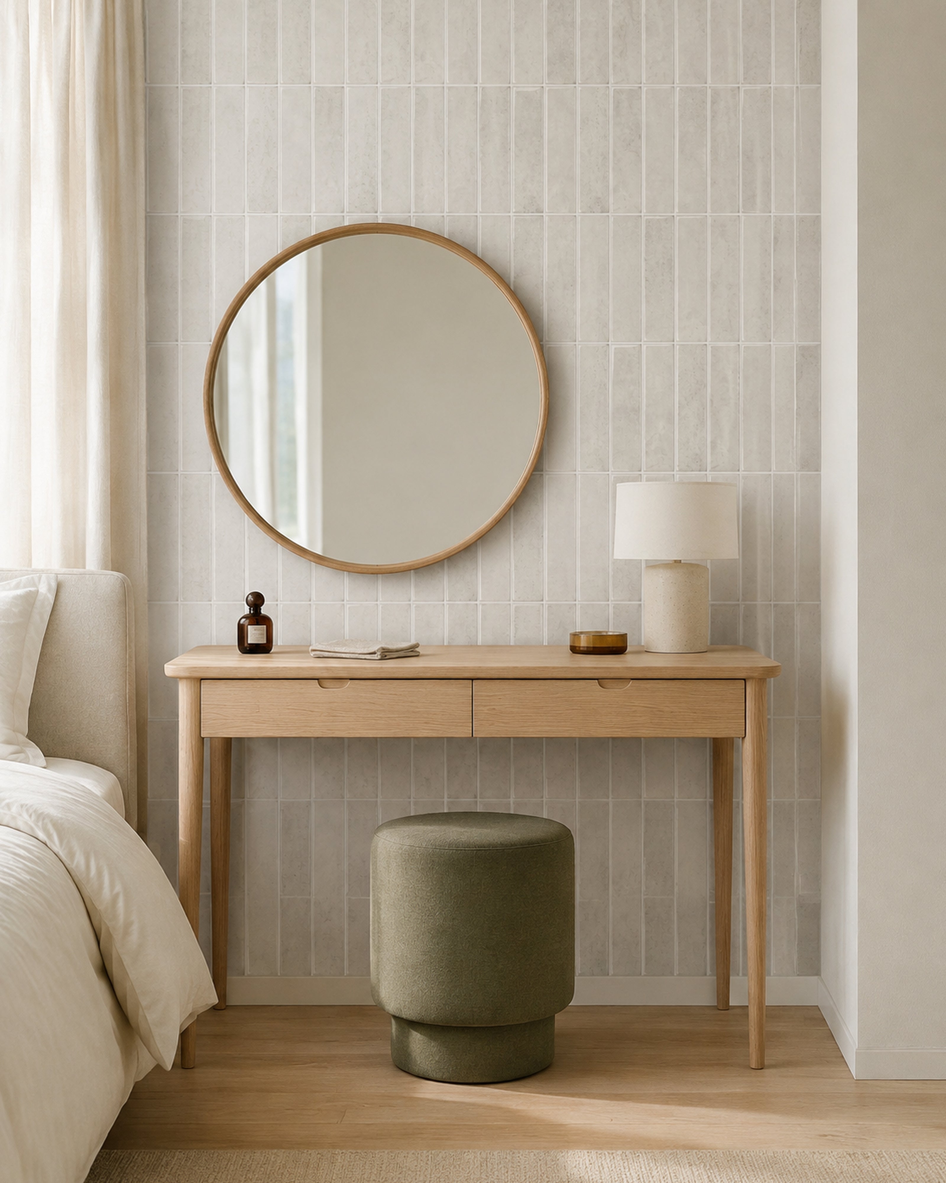 Greige Linear Mosaic (MT1384-XPE) — bedroom, front wide, vertical linear peel-and-stick wall tiles