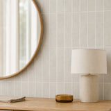 Greige Linear Mosaic (MT1384-XPE) — bedroom, oblique detail, vertical linear peel-and-stick wall tiles
