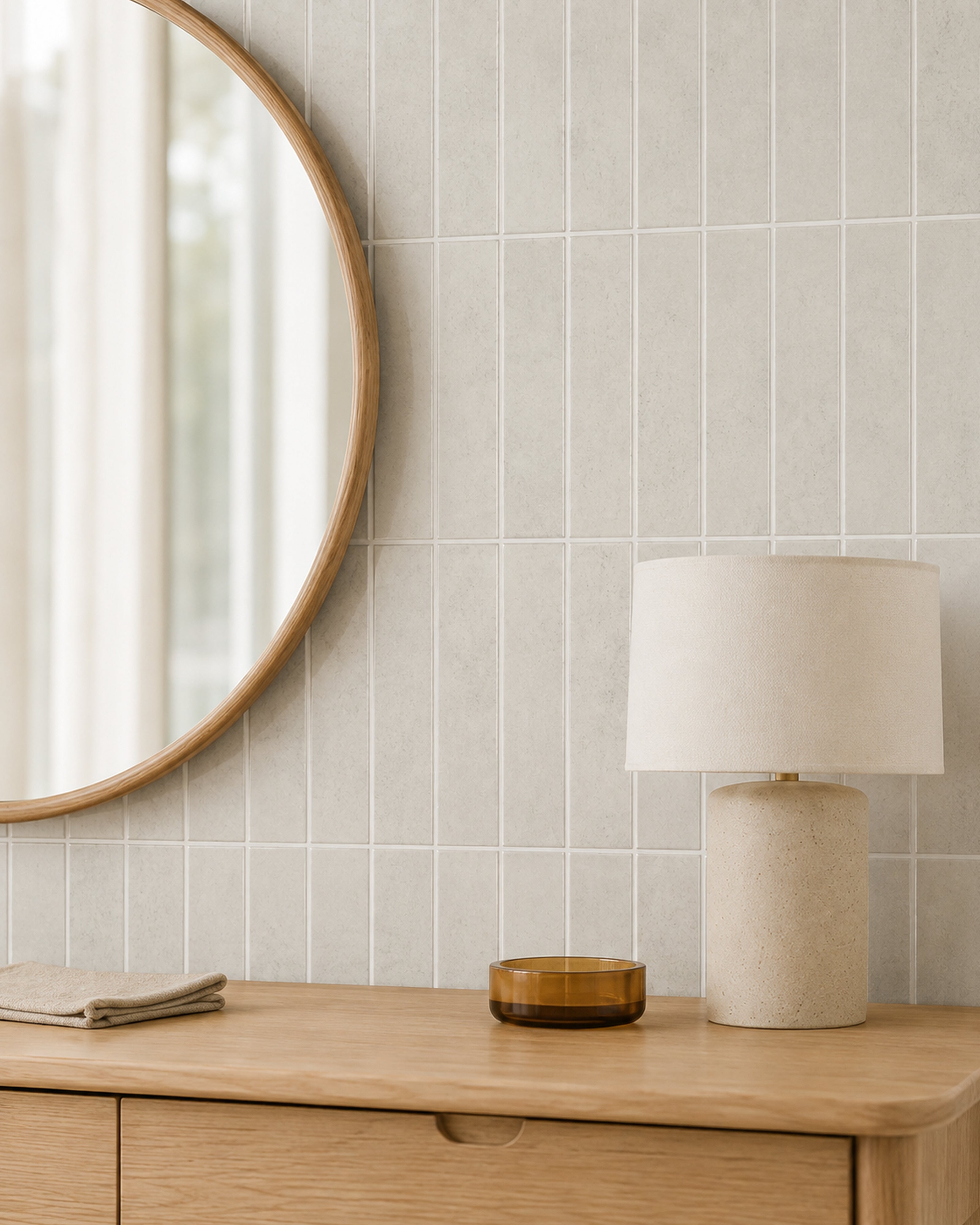 Greige Linear Mosaic (MT1384-XPE) — bedroom, oblique detail, vertical linear peel-and-stick wall tiles