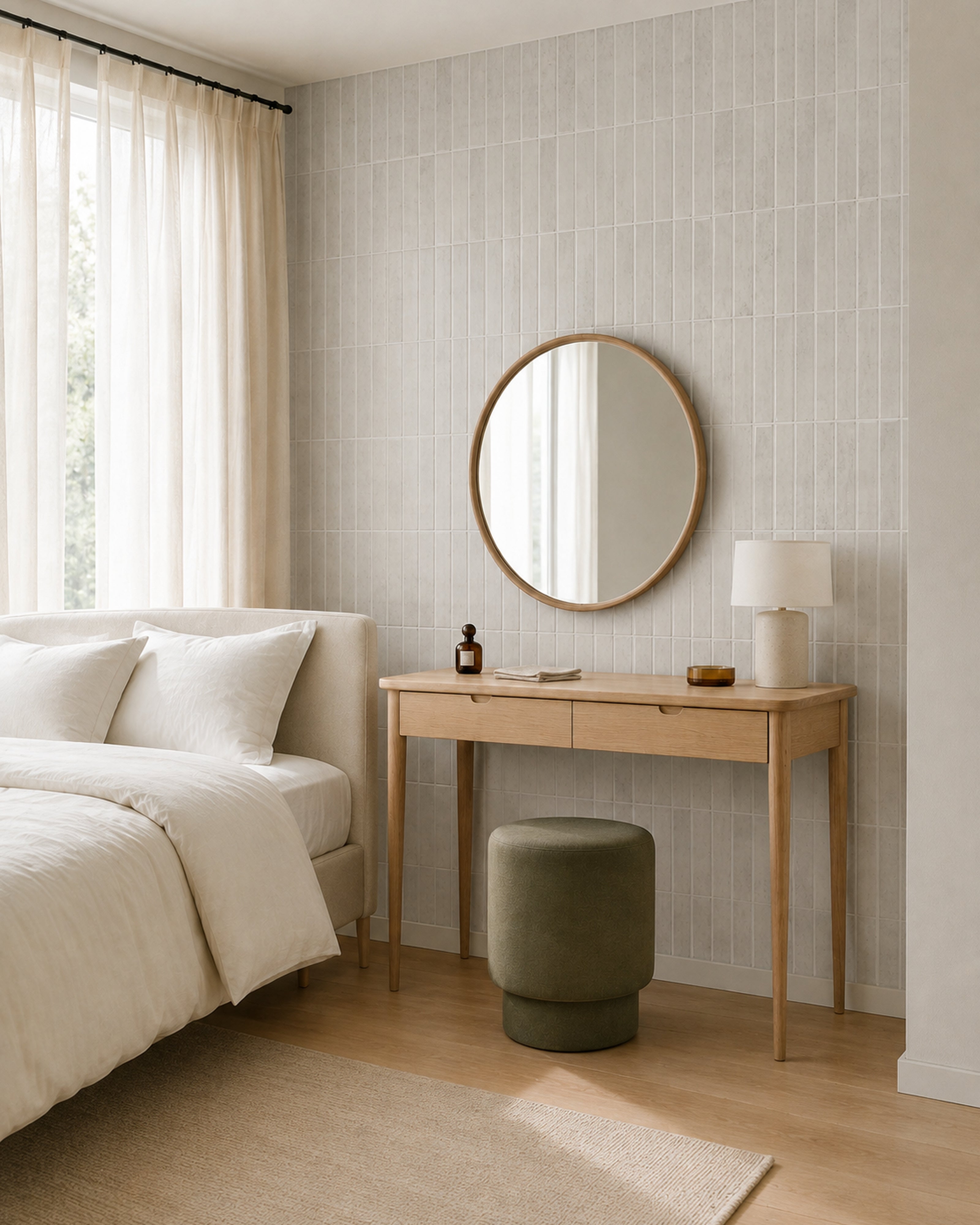 Greige Linear Mosaic (MT1384-XPE) — bedroom, oblique wide, vertical linear peel-and-stick wall tiles