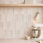 MORCART MT1385-XPE dusty rose vertical linear wall tiles, front detail of white seams and a shallow glossy finish.