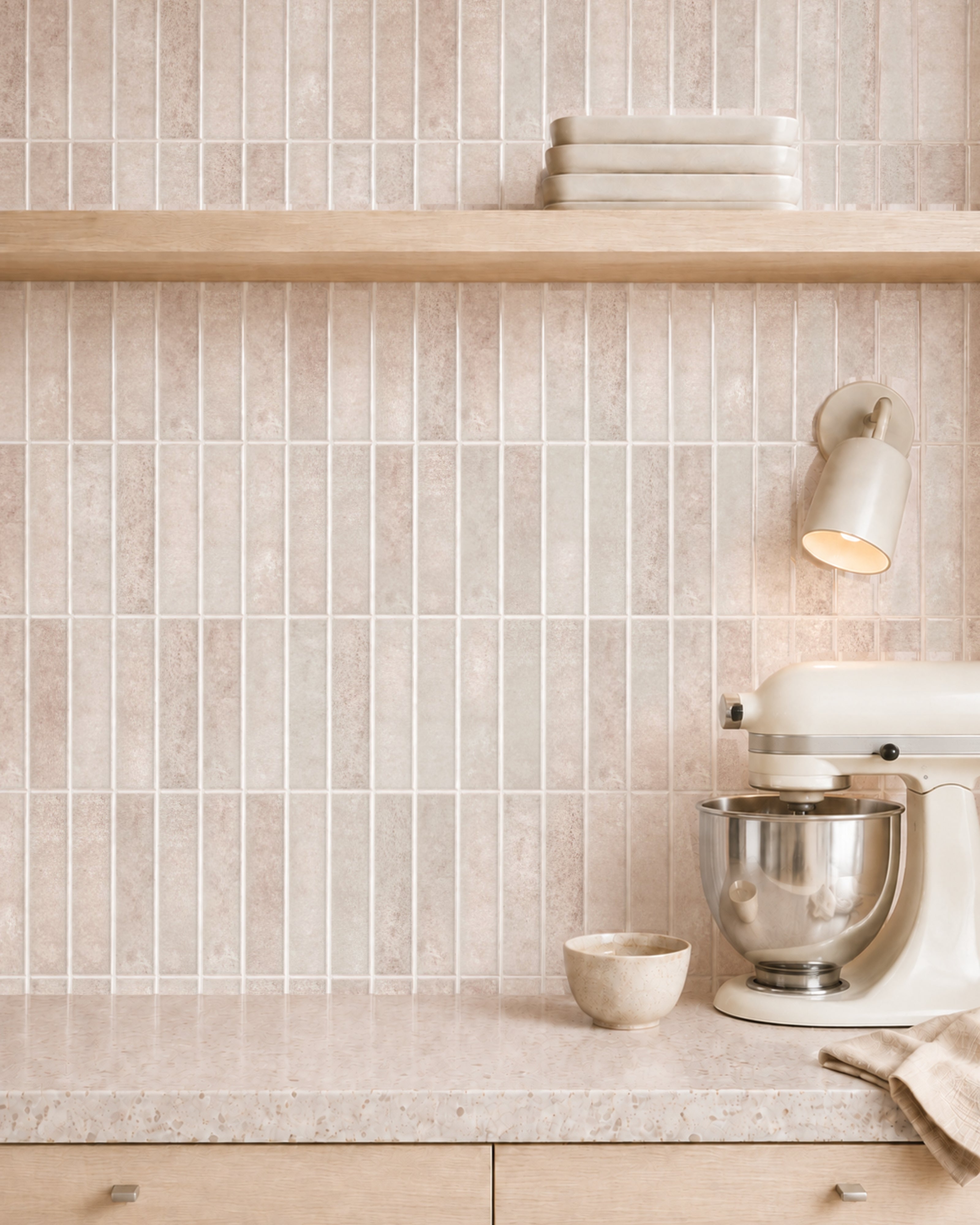 MORCART MT1385-XPE dusty rose vertical linear wall tiles, front detail of white seams and a shallow glossy finish.