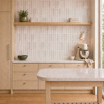 MORCART MT1385-XPE dusty rose vertical linear wall tiles in a kitchen, front wide view.