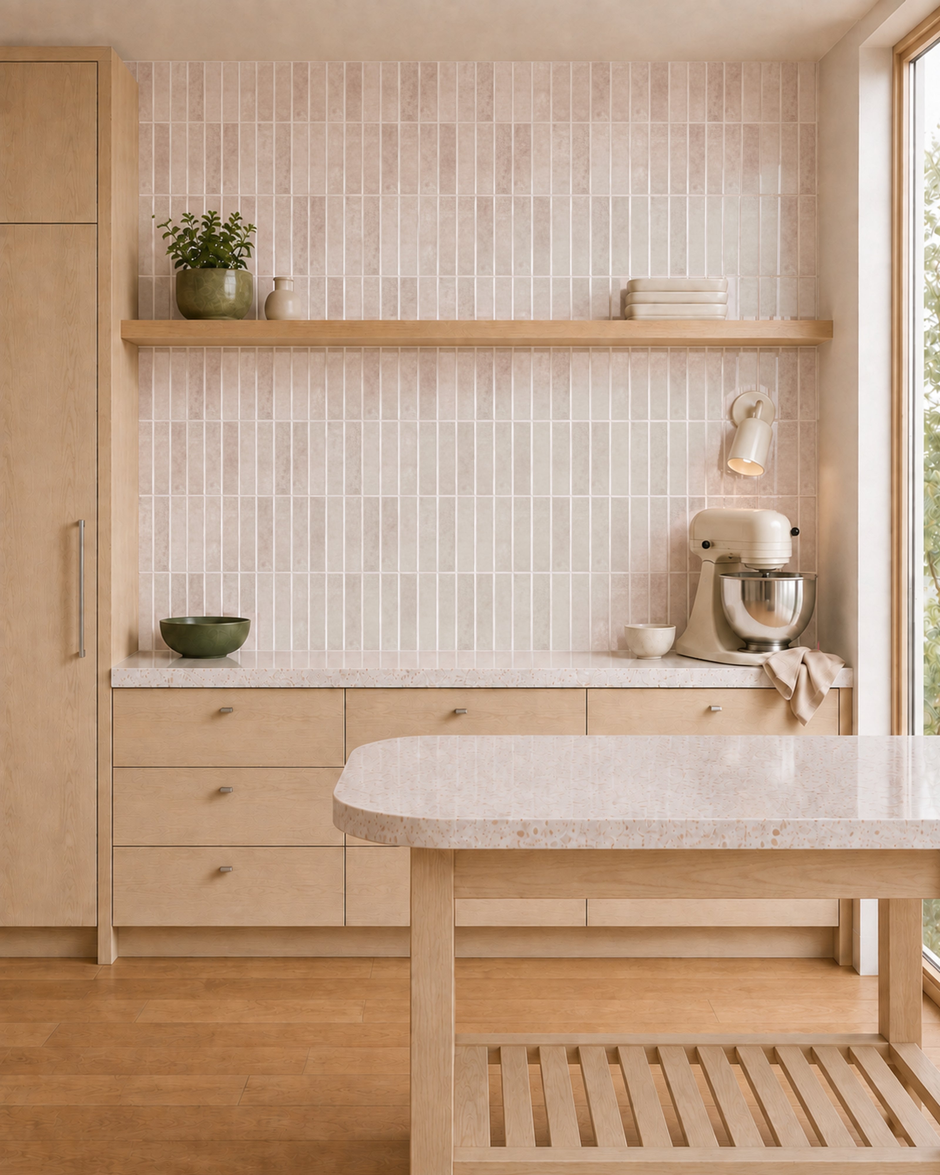 MORCART MT1385-XPE dusty rose vertical linear wall tiles in a kitchen, front wide view.