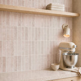 MORCART MT1385-XPE dusty rose vertical linear wall tiles, oblique detail of white seams and a shallow glossy finish.