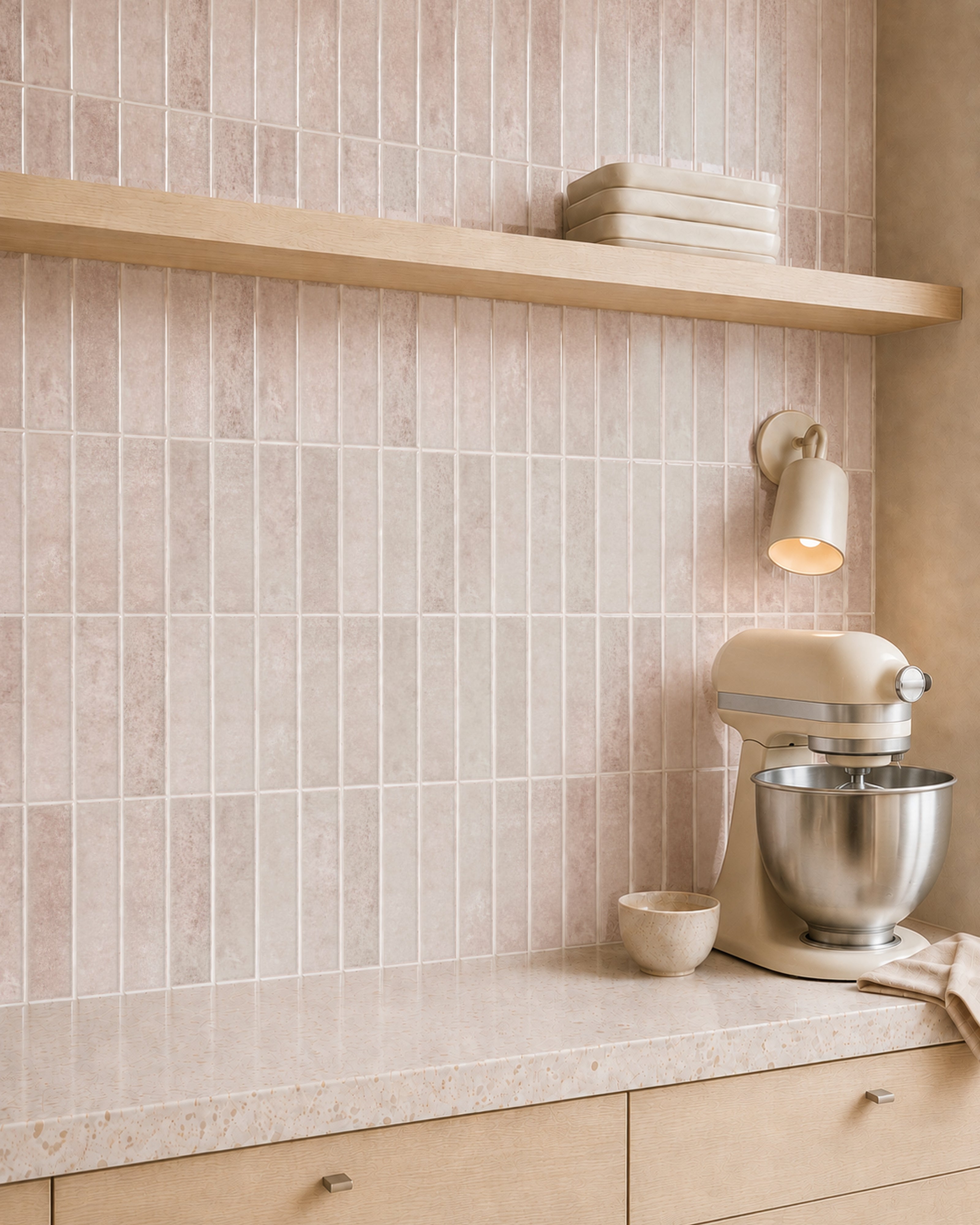 MORCART MT1385-XPE dusty rose vertical linear wall tiles, oblique detail of white seams and a shallow glossy finish.