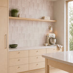 MORCART MT1385-XPE dusty rose vertical linear wall tiles in a kitchen, oblique wide view.