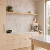 MORCART MT1385-XPE dusty rose vertical linear wall tiles in a kitchen, oblique wide view.