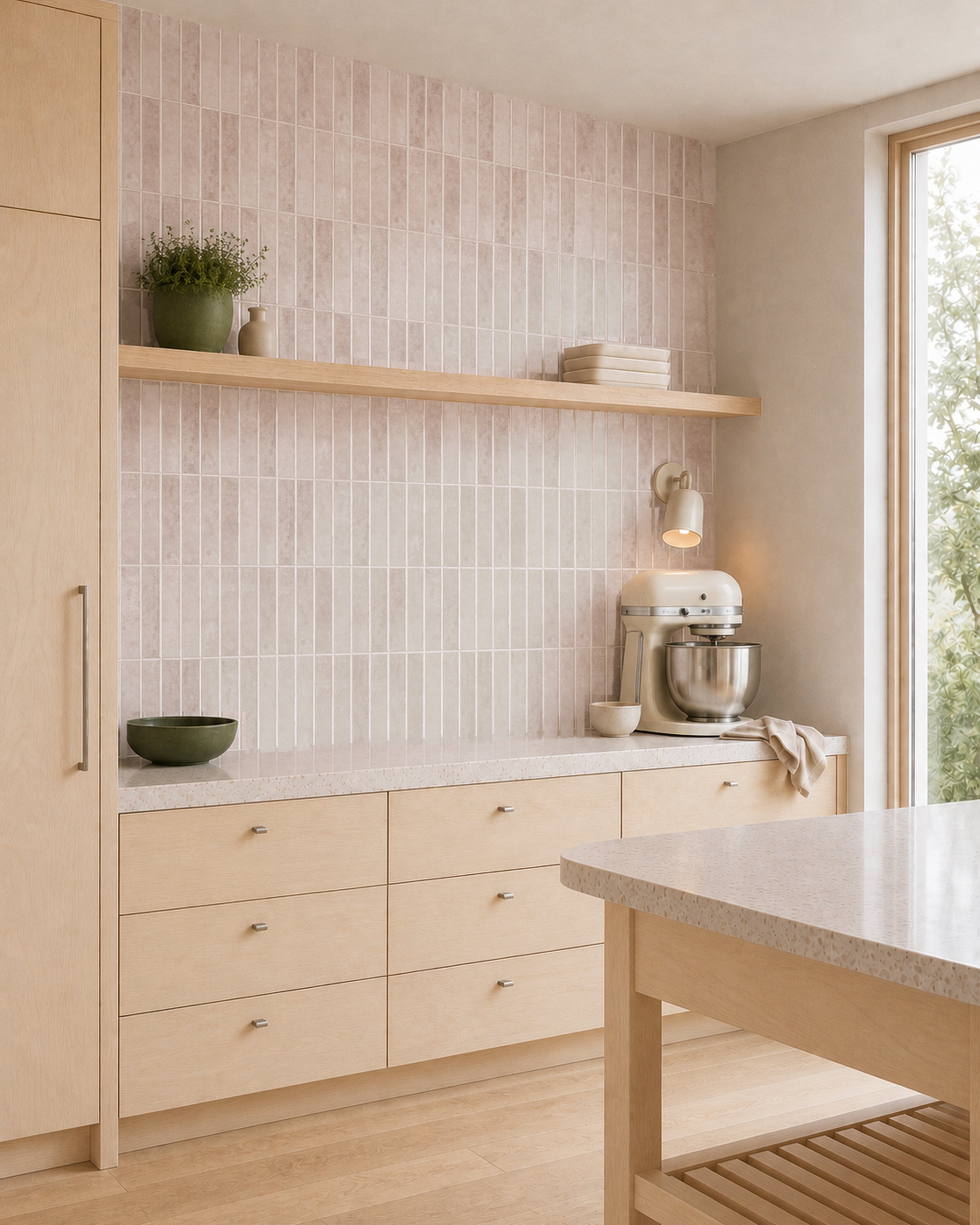 MORCART MT1385-XPE dusty rose vertical linear wall tiles in a kitchen, oblique wide view.