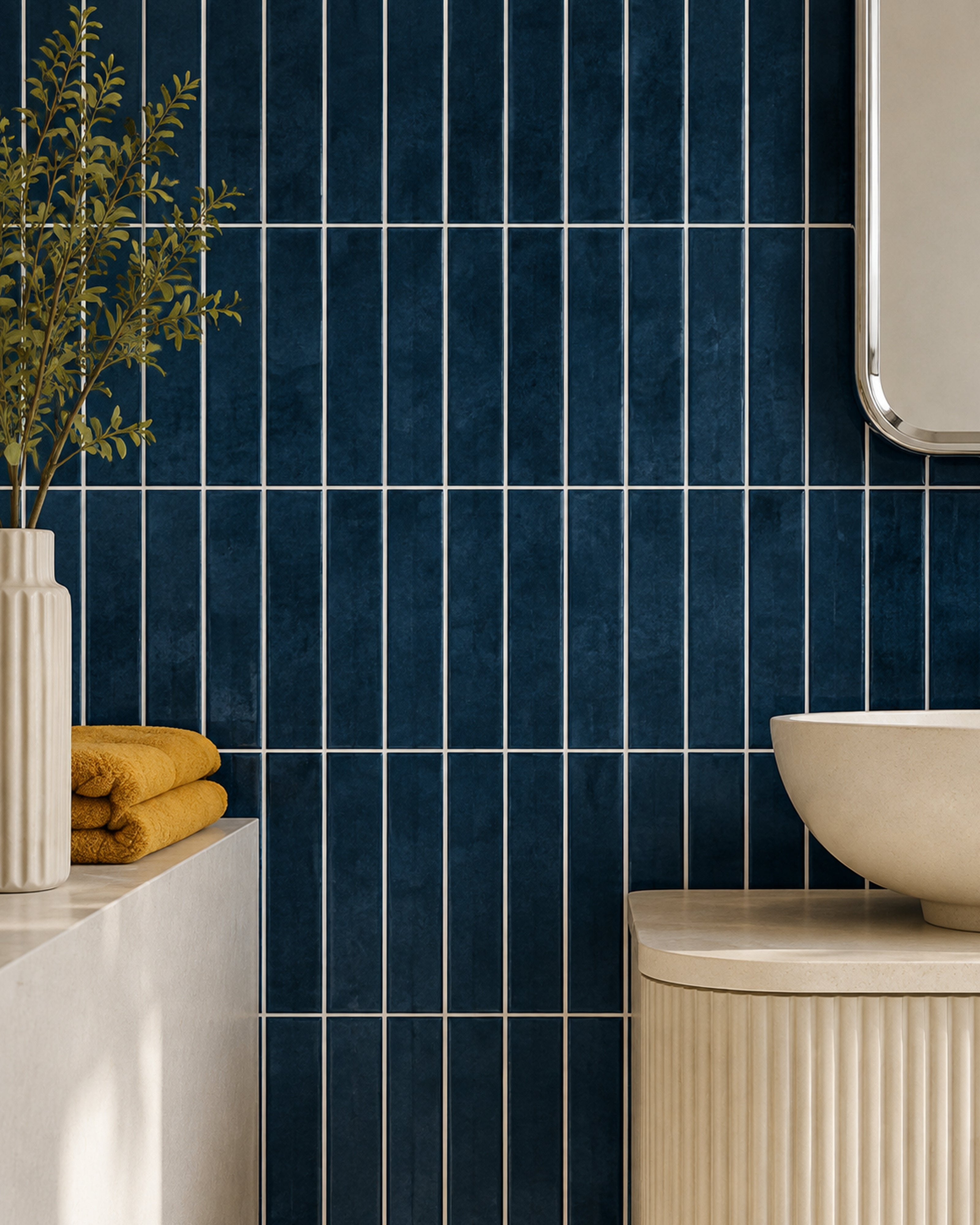 Blue Linear Mosaic (MT1386-XPE) — bathroom, front detail, vertical linear peel-and-stick wall tiles